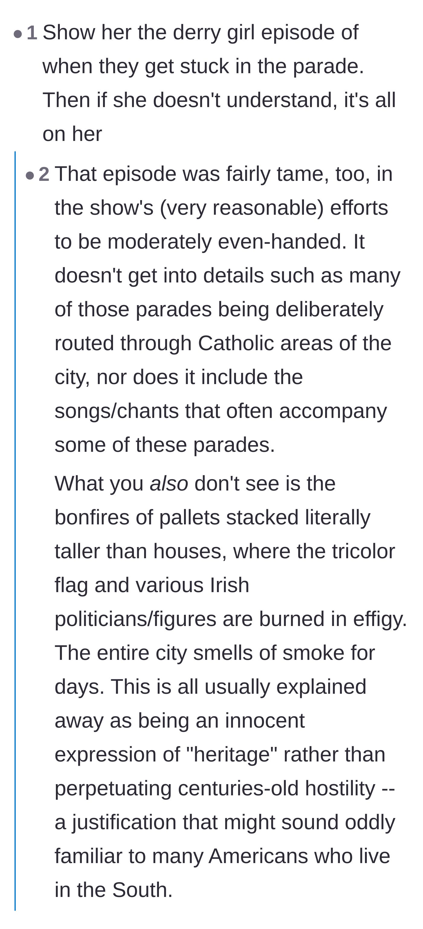 Comment thread 5 - A discussion recommending the TV show Derry Girls to help the tourist understand the historical tensions surrounding the color orange.
