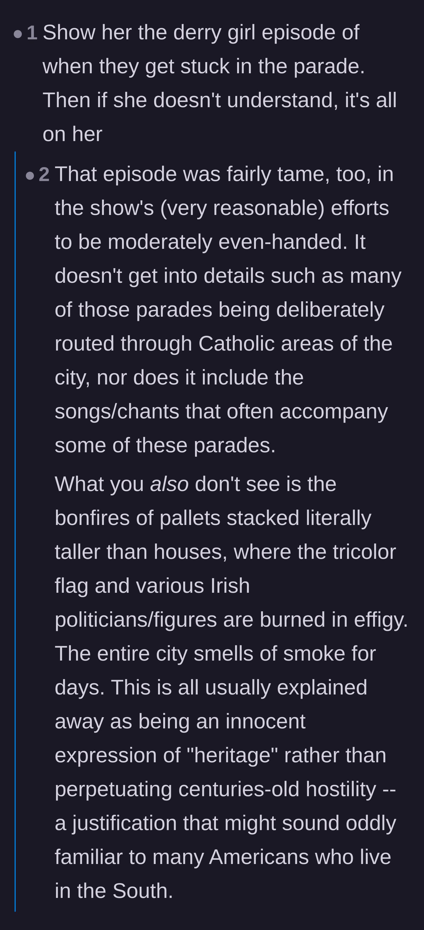 Comment thread 5 - A discussion recommending the TV show Derry Girls to help the tourist understand the historical tensions surrounding the color orange.