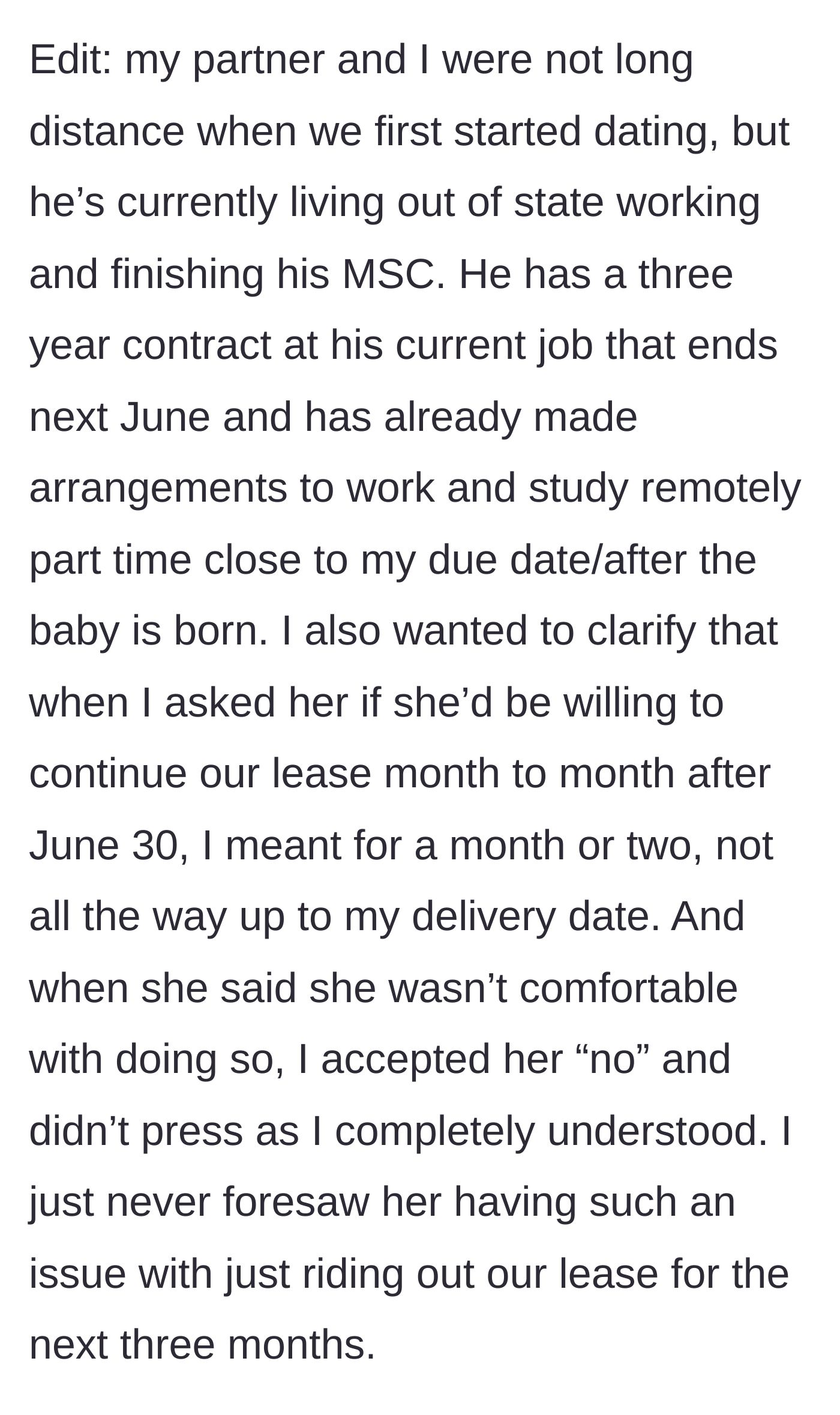 Story part 8 - The main character clarifies her partner's situation and reiterates that she respected the roommate's boundaries.