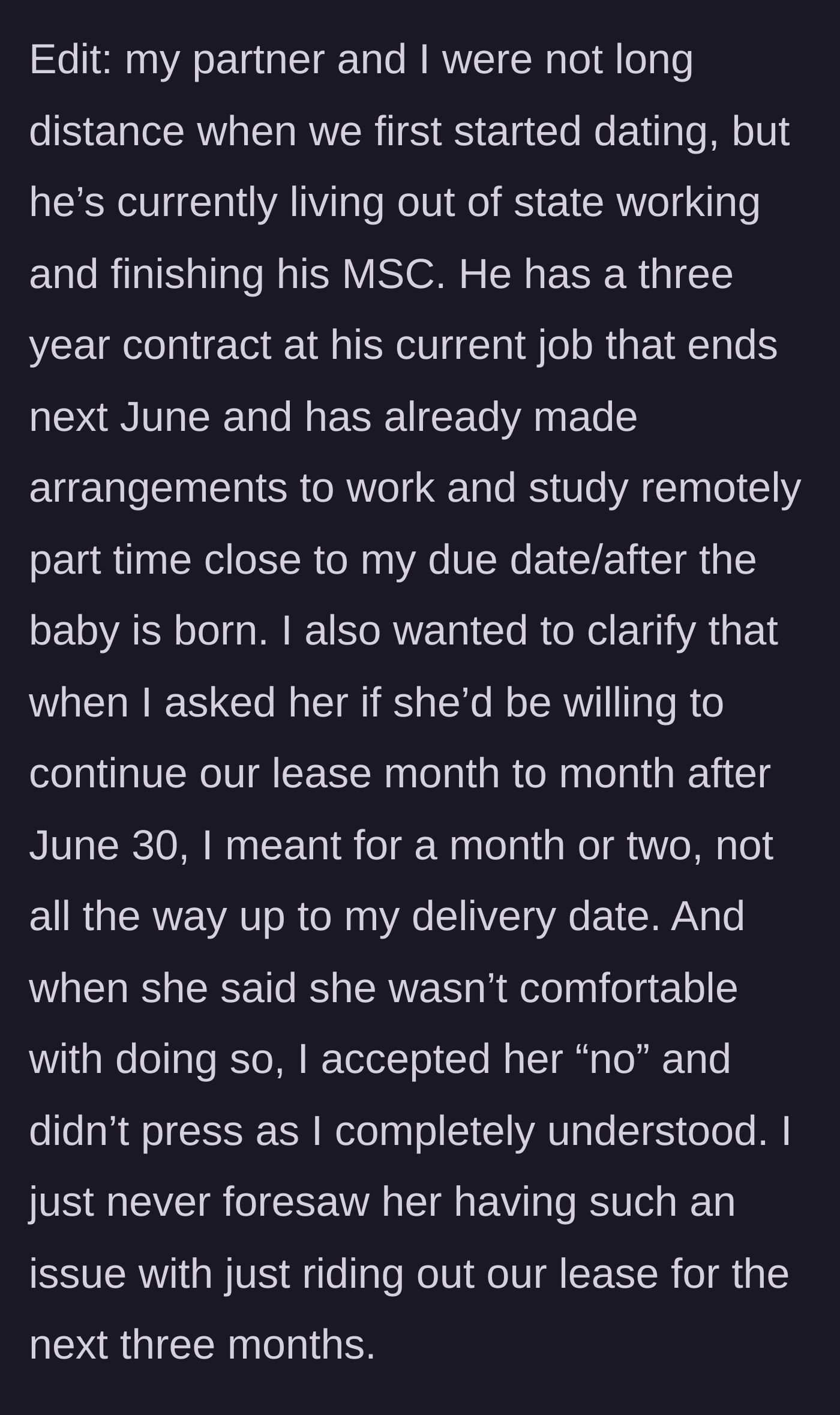 Story part 8 - The main character clarifies her partner's situation and reiterates that she respected the roommate's boundaries.