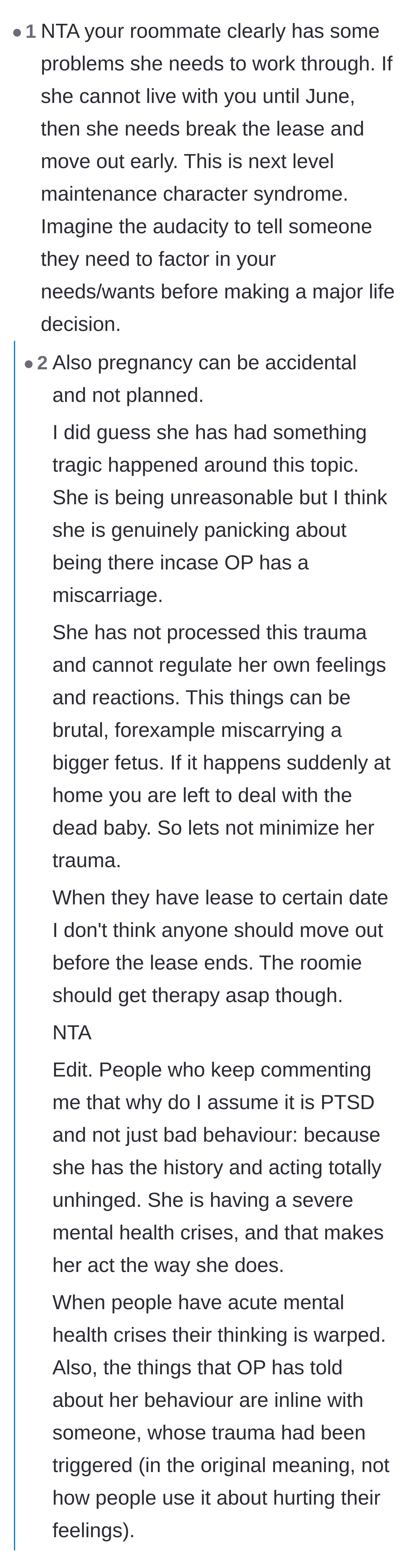 Comment thread 1 - A debate about the roommate's mental health, trauma projection, and a hilarious typo about 'maintenance character syndrome.'