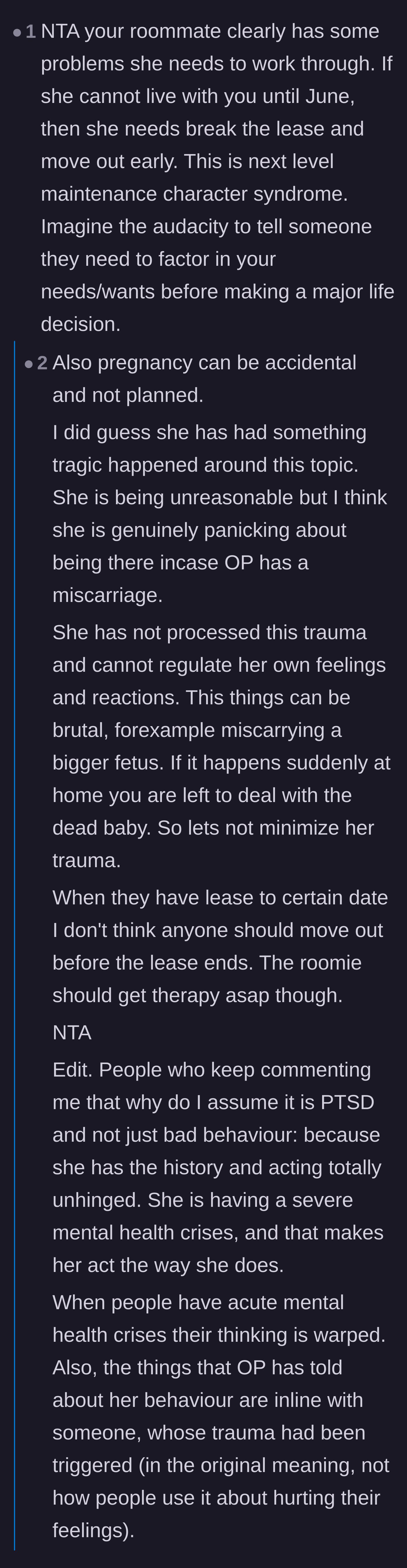 Comment thread 1 - A debate about the roommate's mental health, trauma projection, and a hilarious typo about 'maintenance character syndrome.'