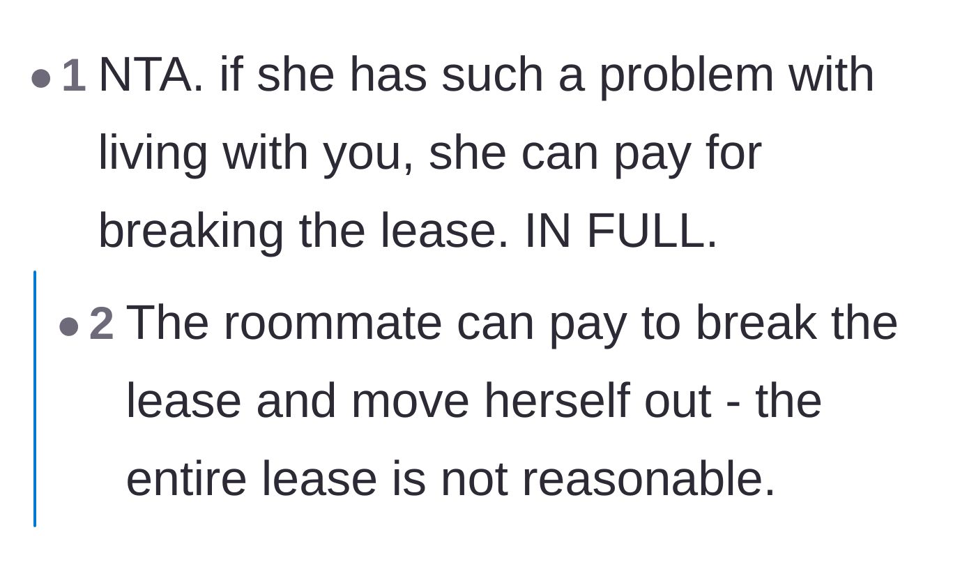 Comment thread 4 - A direct statement that the roommate should be the one to pay the entire lease-breaking fee if she wants to leave.