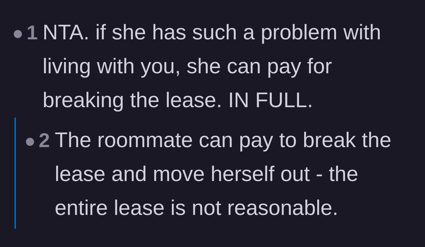Comment thread 4 - A direct statement that the roommate should be the one to pay the entire lease-breaking fee if she wants to leave.