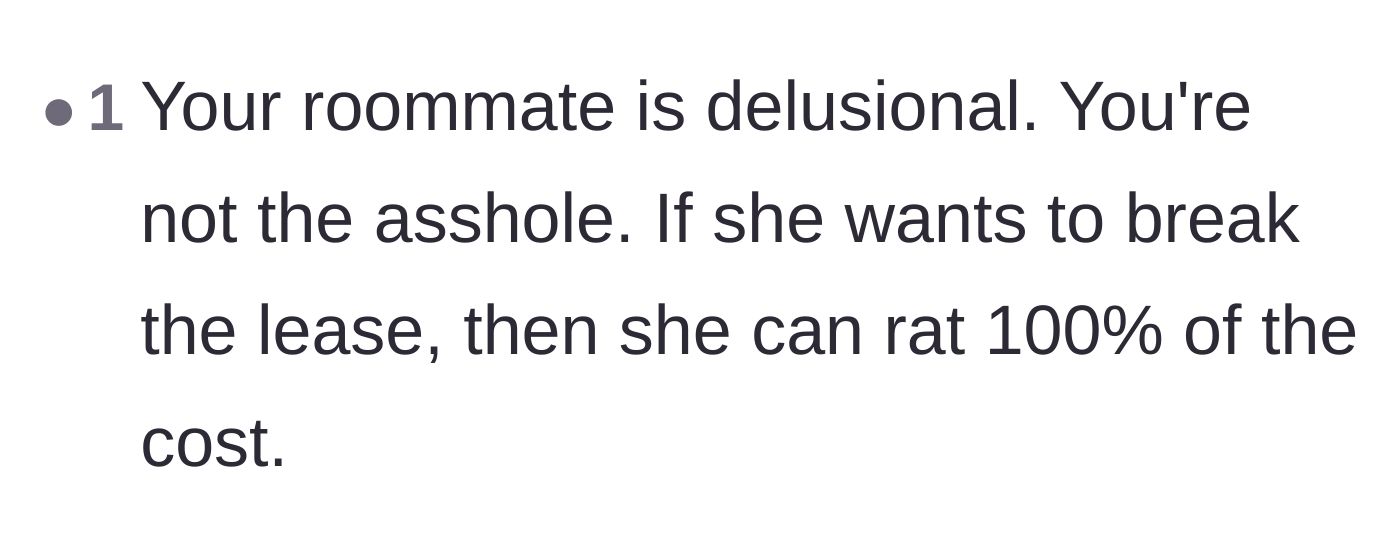 Comment thread 5 - Validation that the roommate is acting completely delusional and the main character is in the right.