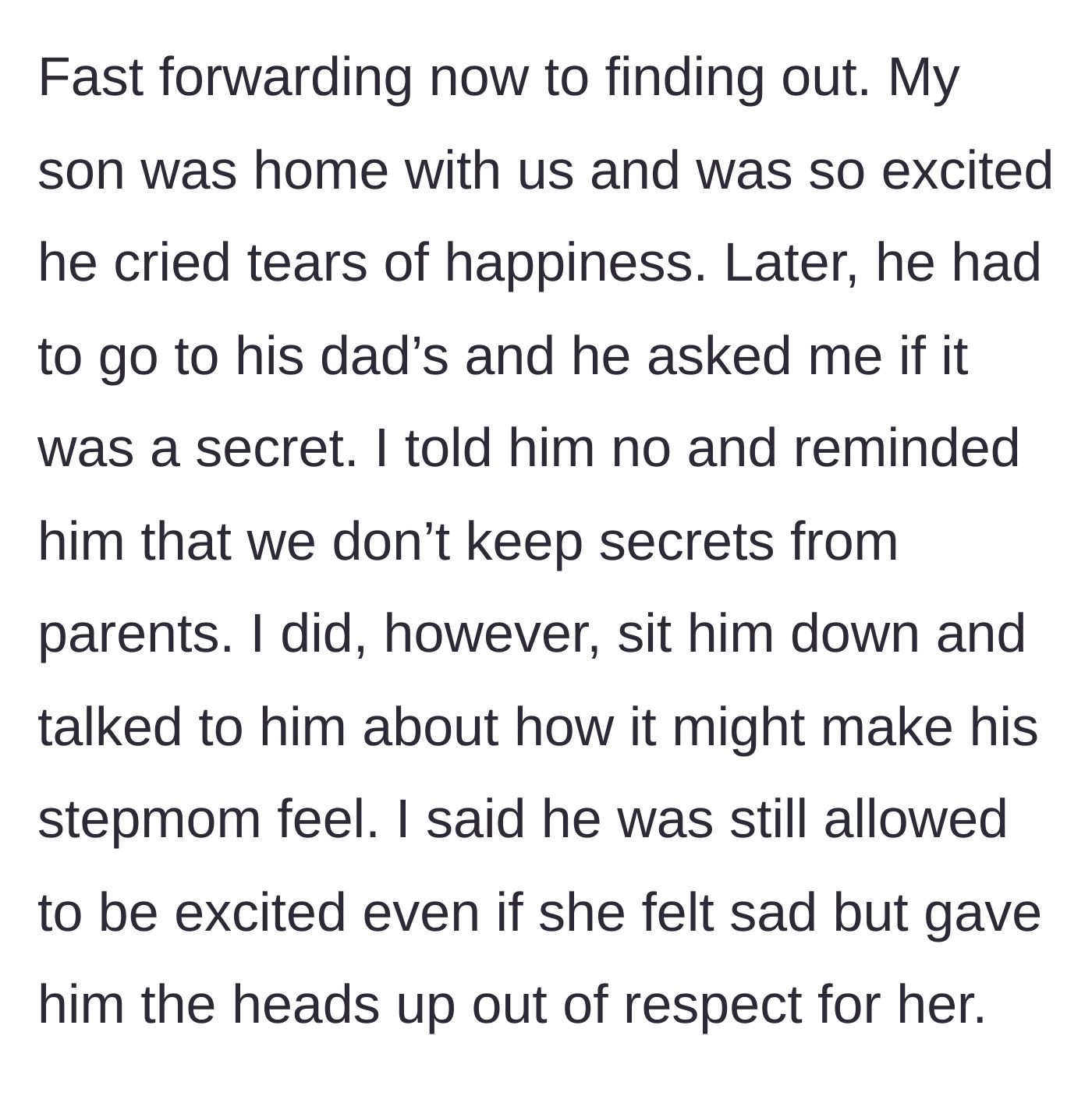 Story part 3 - The mother discovers she is pregnant, shares the happy news with her excited son, and prepares him for the possibility that his stepmom might feel sad.