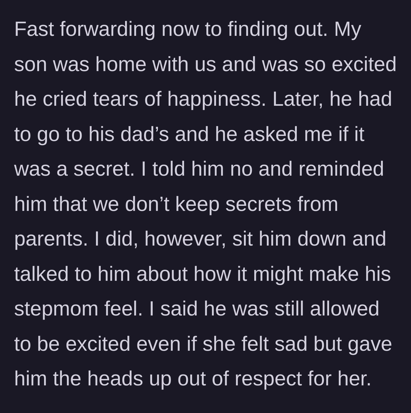 Story part 3 - The mother discovers she is pregnant, shares the happy news with her excited son, and prepares him for the possibility that his stepmom might feel sad.