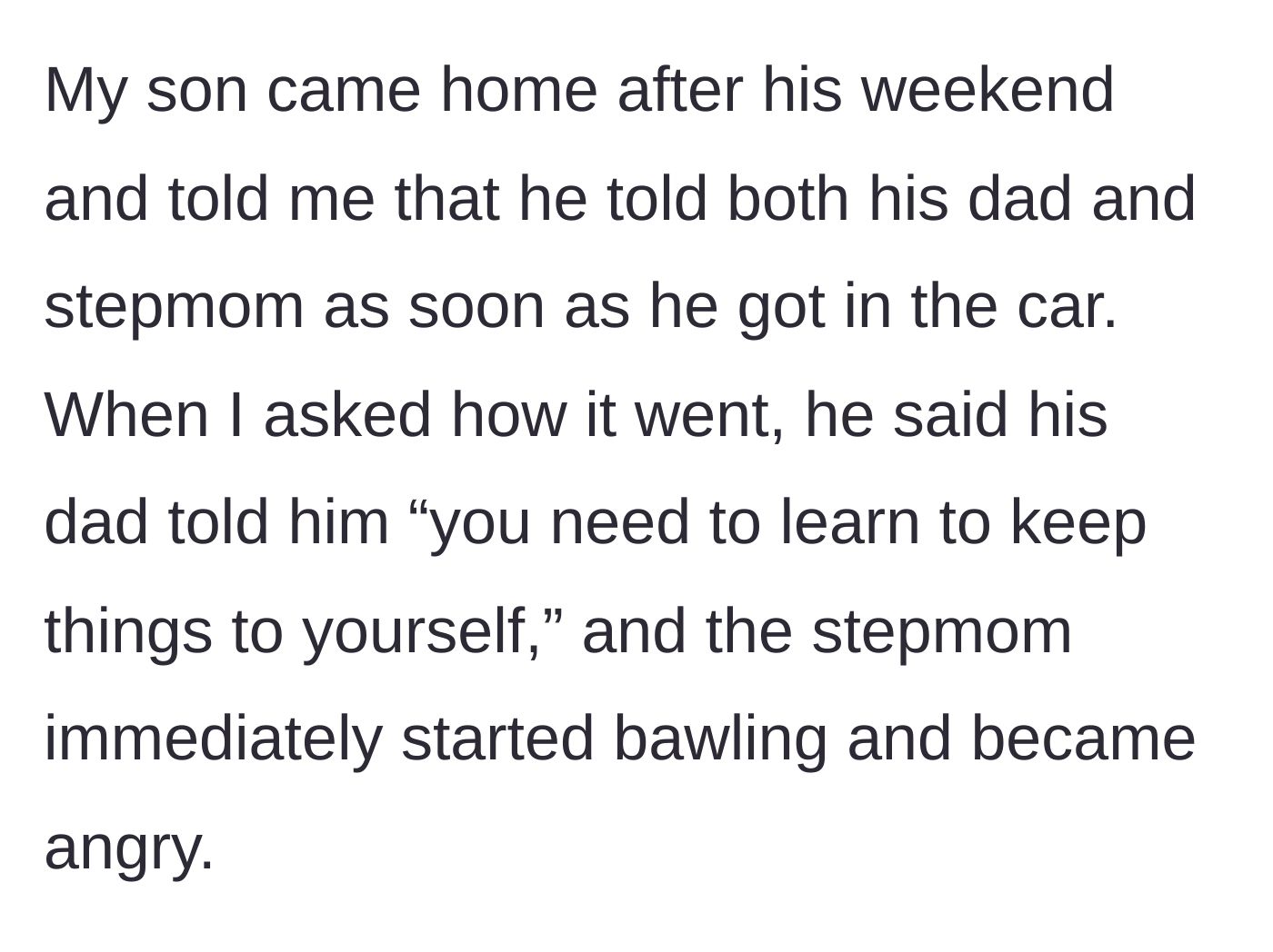 Story part 4 - The six-year-old shares the pregnancy news in the car, resulting in his father scolding him and his stepmom reacting with tears and anger.