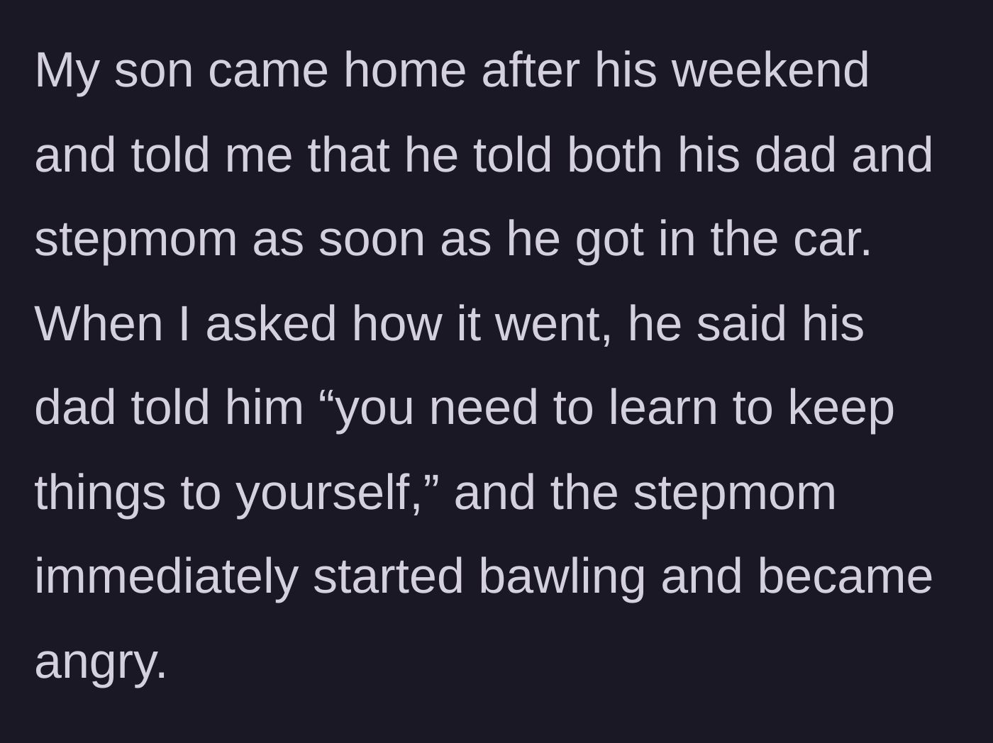 Story part 4 - The six-year-old shares the pregnancy news in the car, resulting in his father scolding him and his stepmom reacting with tears and anger.