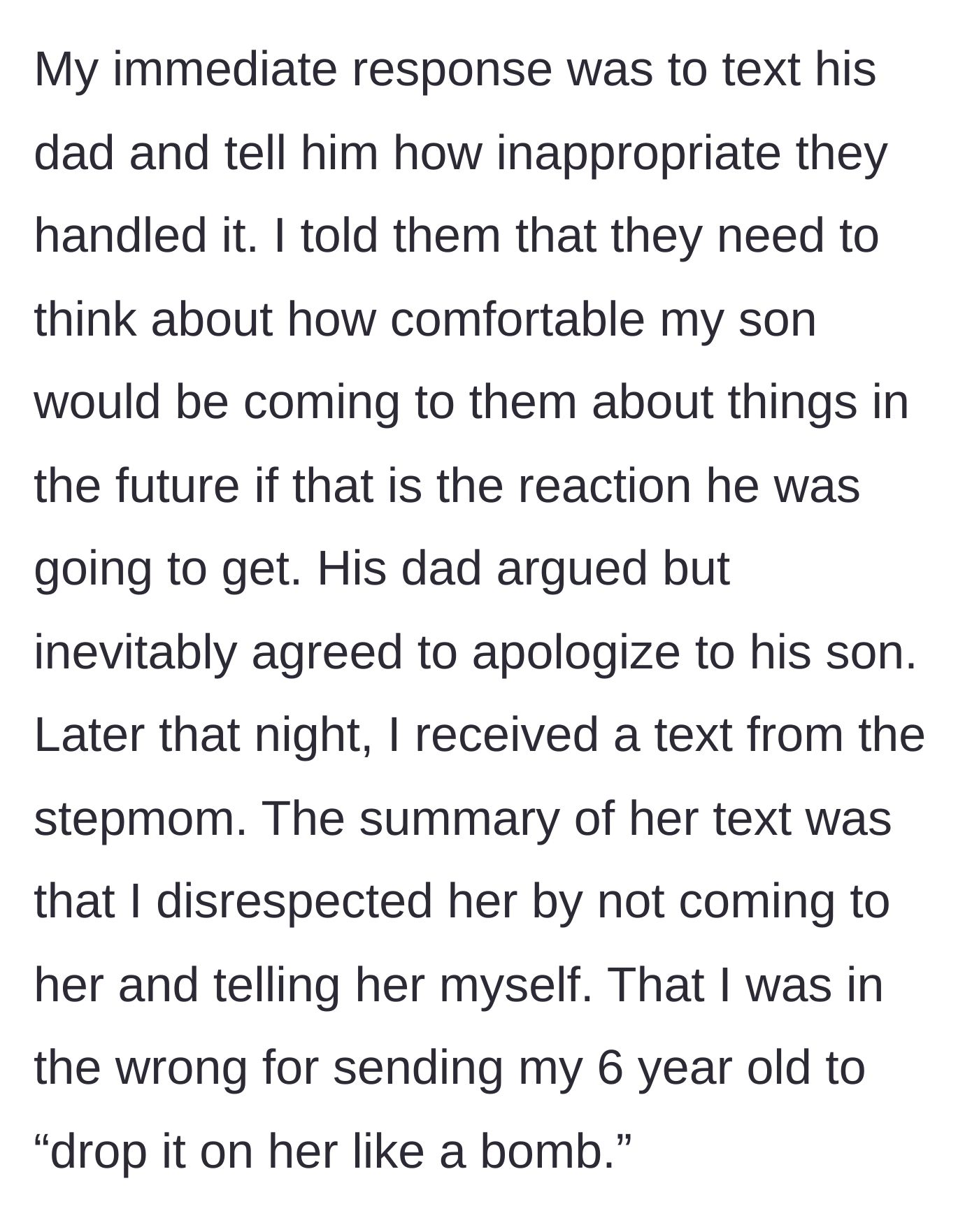 Story part 5 - The mother confronts the father via text about their reaction, leading to an angry message from the stepmom accusing the mother of disrespect.