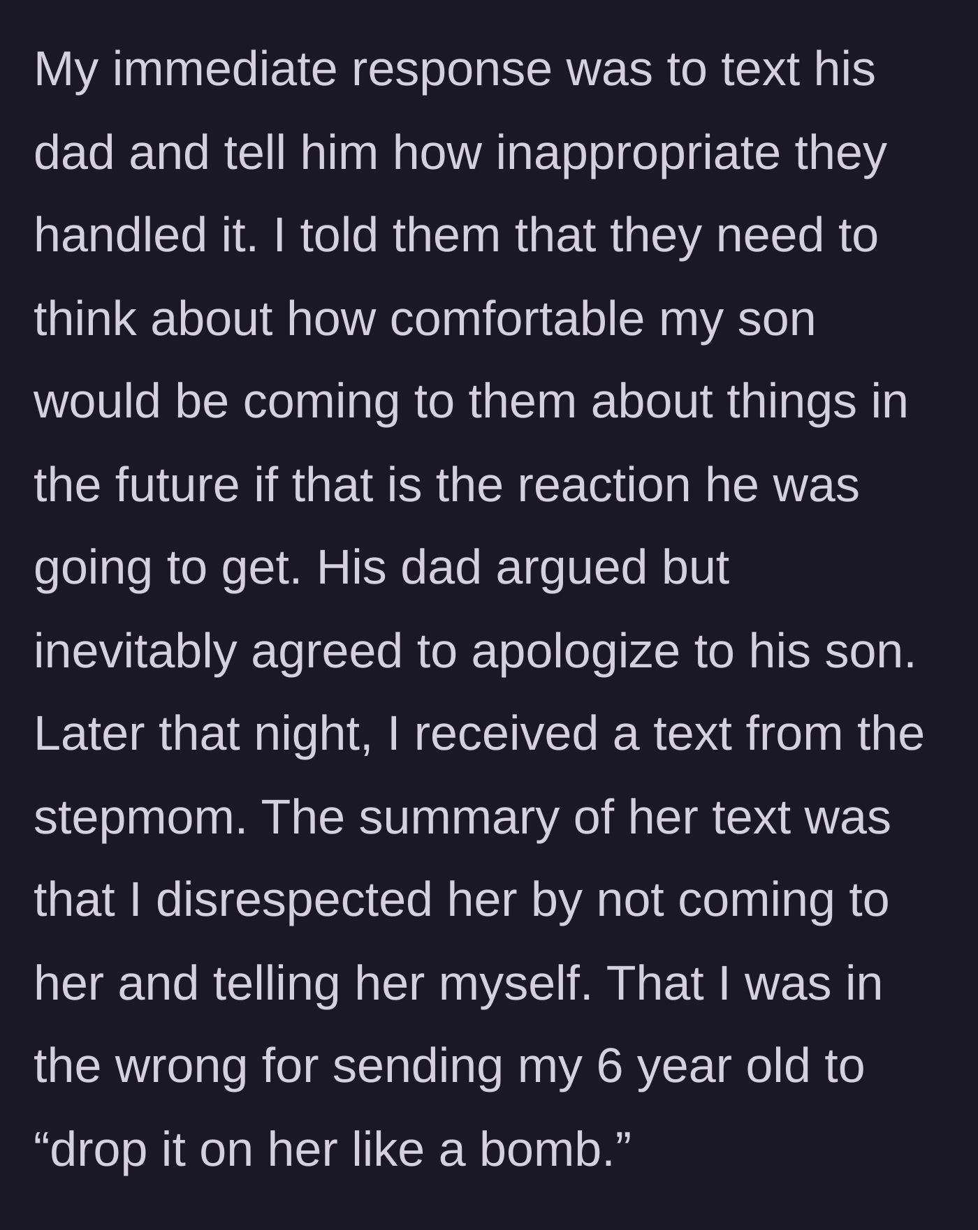 Story part 5 - The mother confronts the father via text about their reaction, leading to an angry message from the stepmom accusing the mother of disrespect.