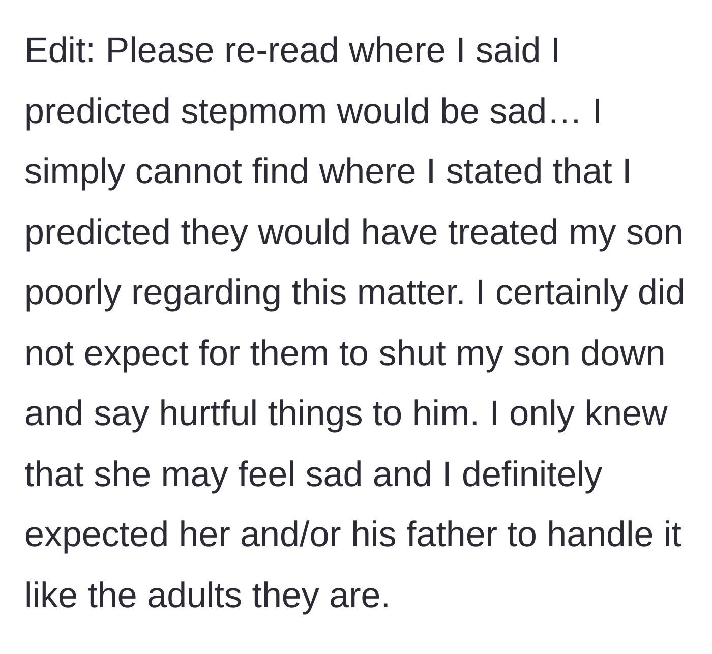 Story part 9 - The mother adds a clarification stating that while she anticipated the stepmom's sadness, she never expected the adults to mistreat her child over the news.