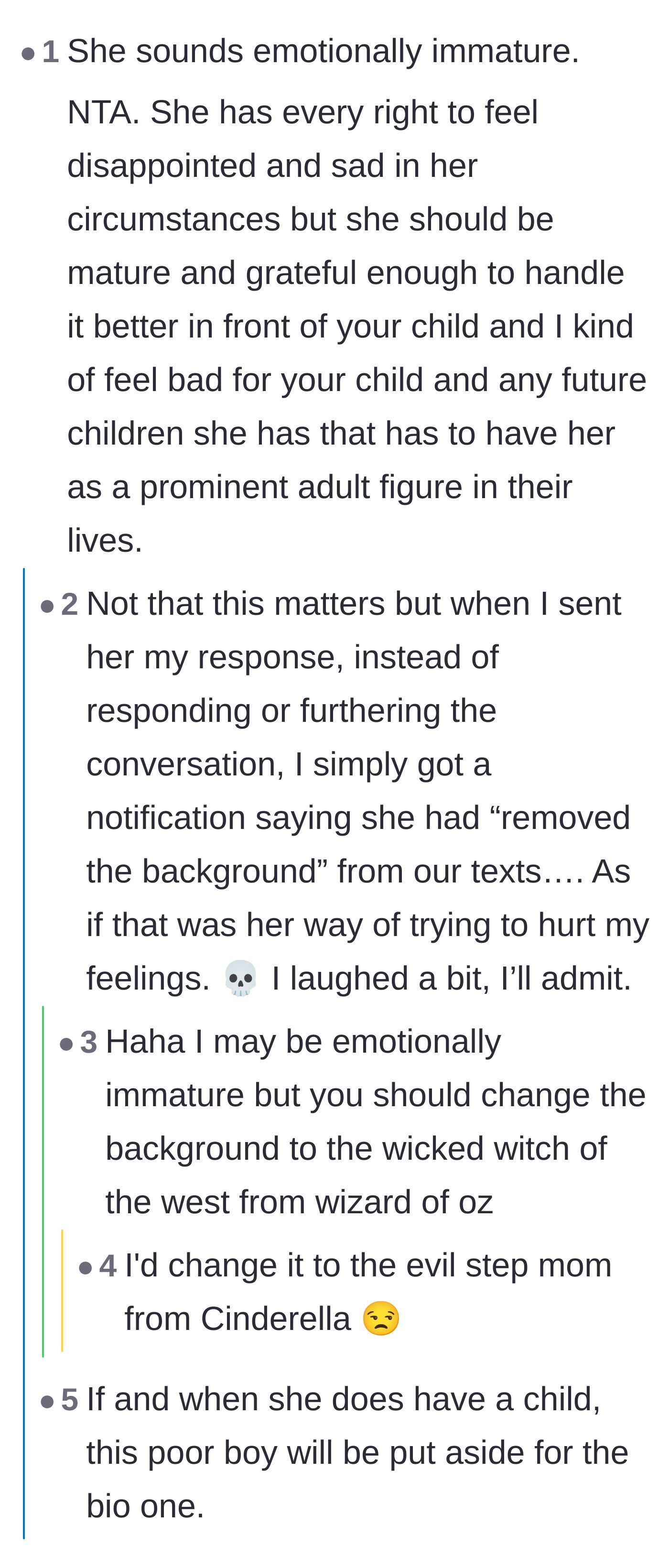 Comment thread 5 - Discussion about the stepmother's emotional maturity and petty texting behavior