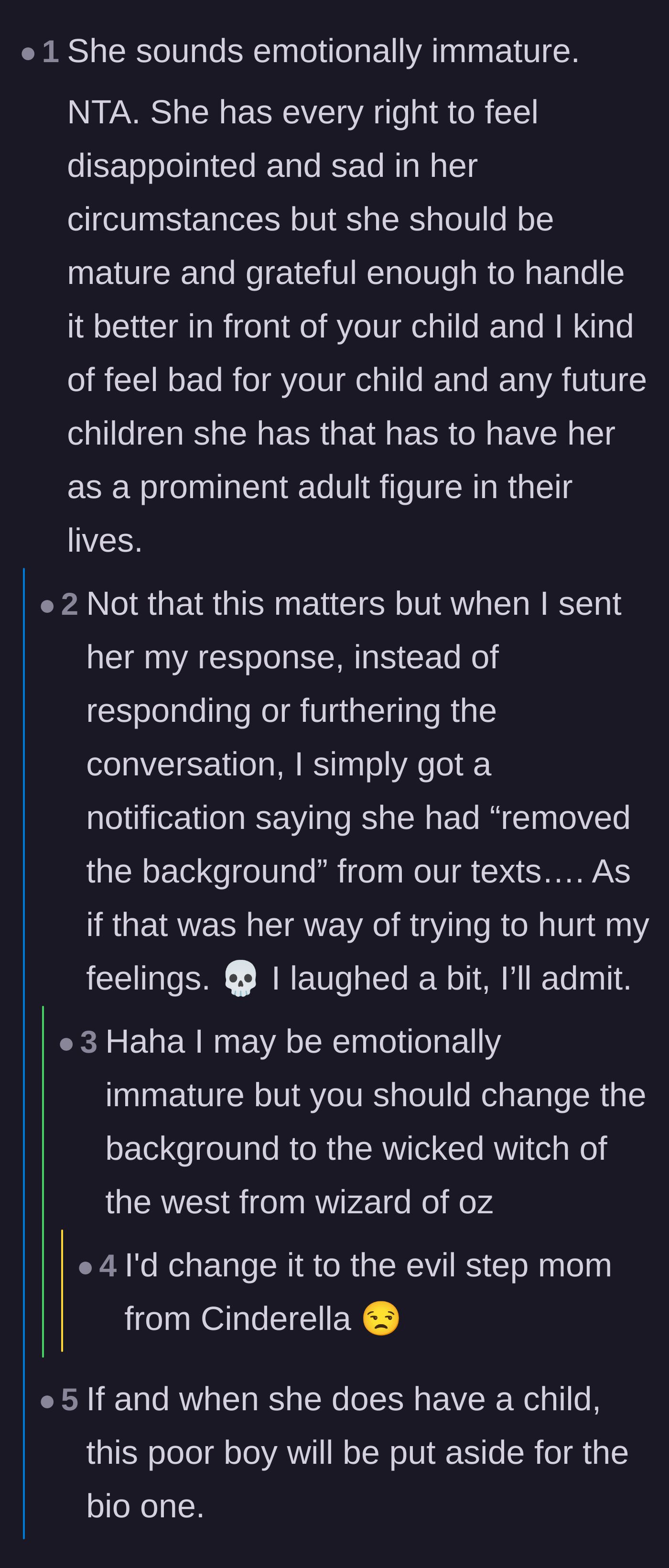 Comment thread 5 - Discussion about the stepmother's emotional maturity and petty texting behavior