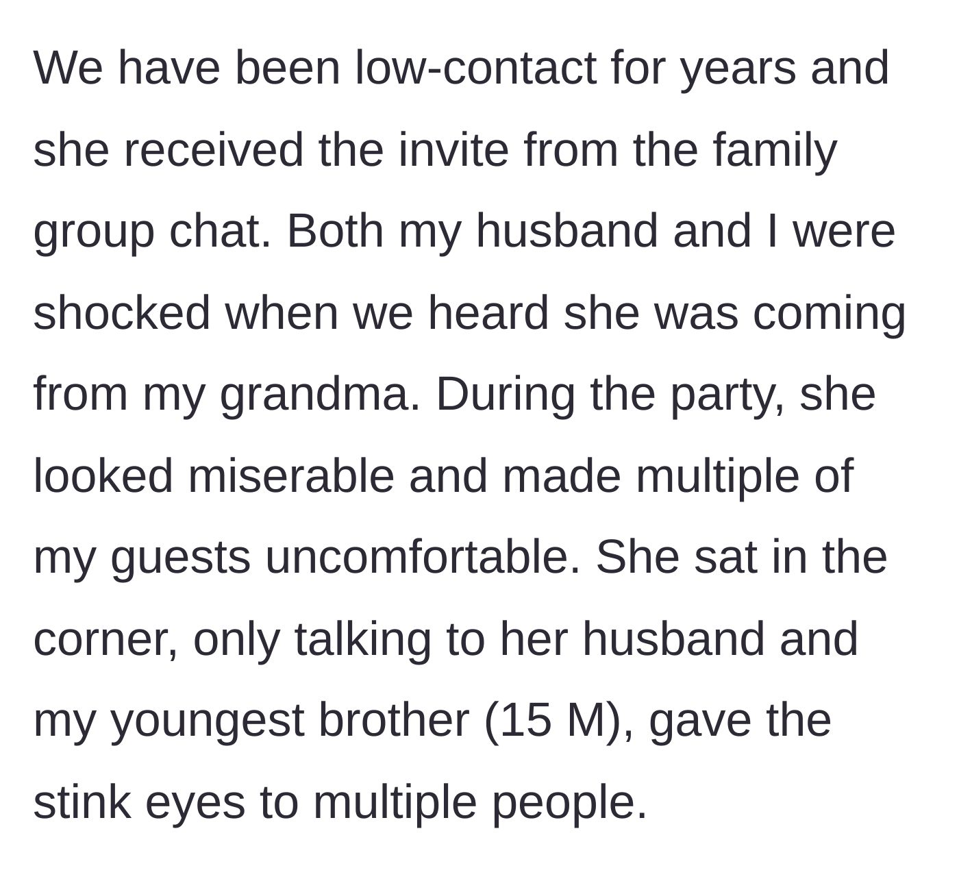 Story part 3 - A grumpy woman sitting isolated in a corner at a party, giving nasty looks to guests.