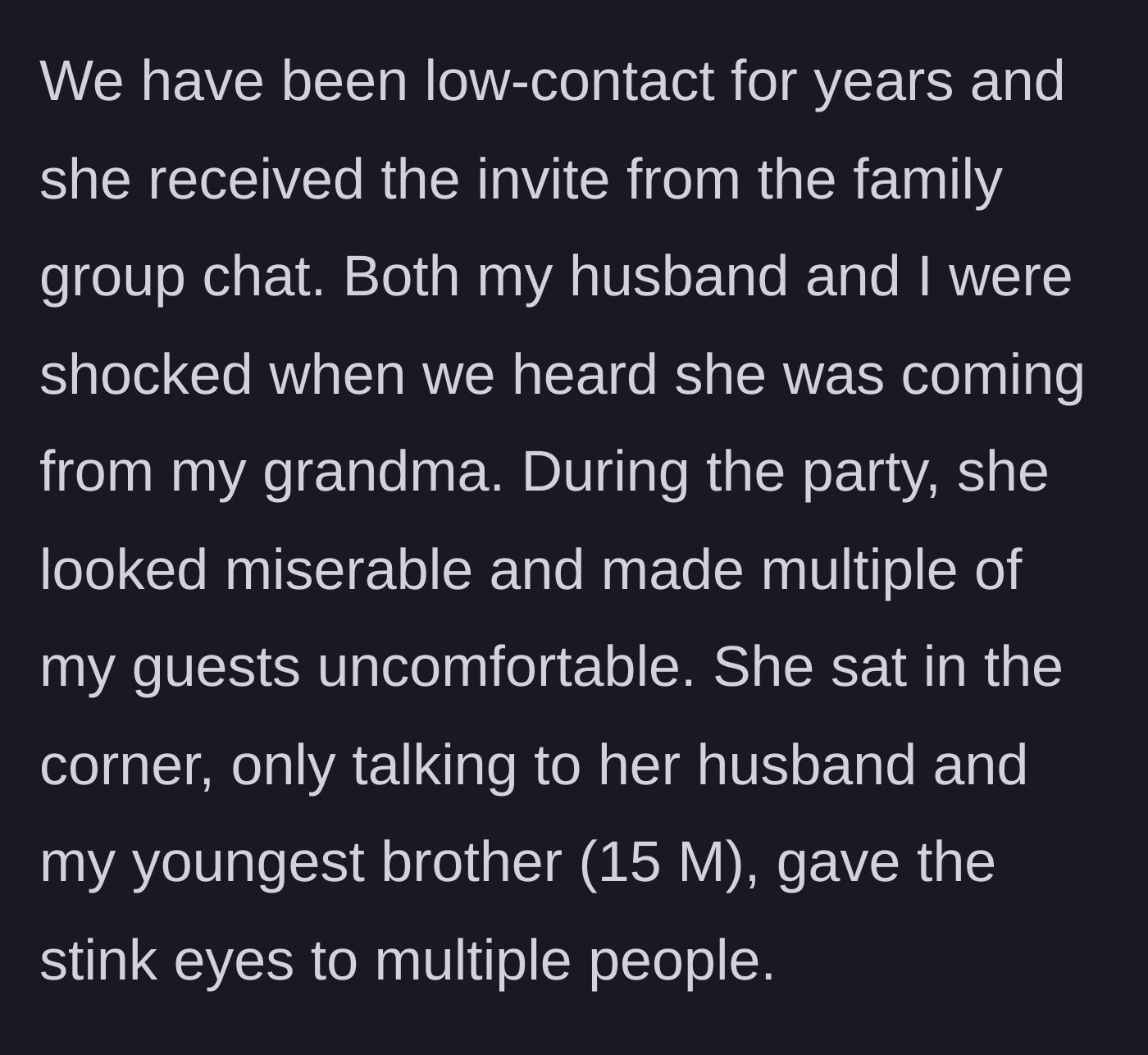 Story part 3 - A grumpy woman sitting isolated in a corner at a party, giving nasty looks to guests.