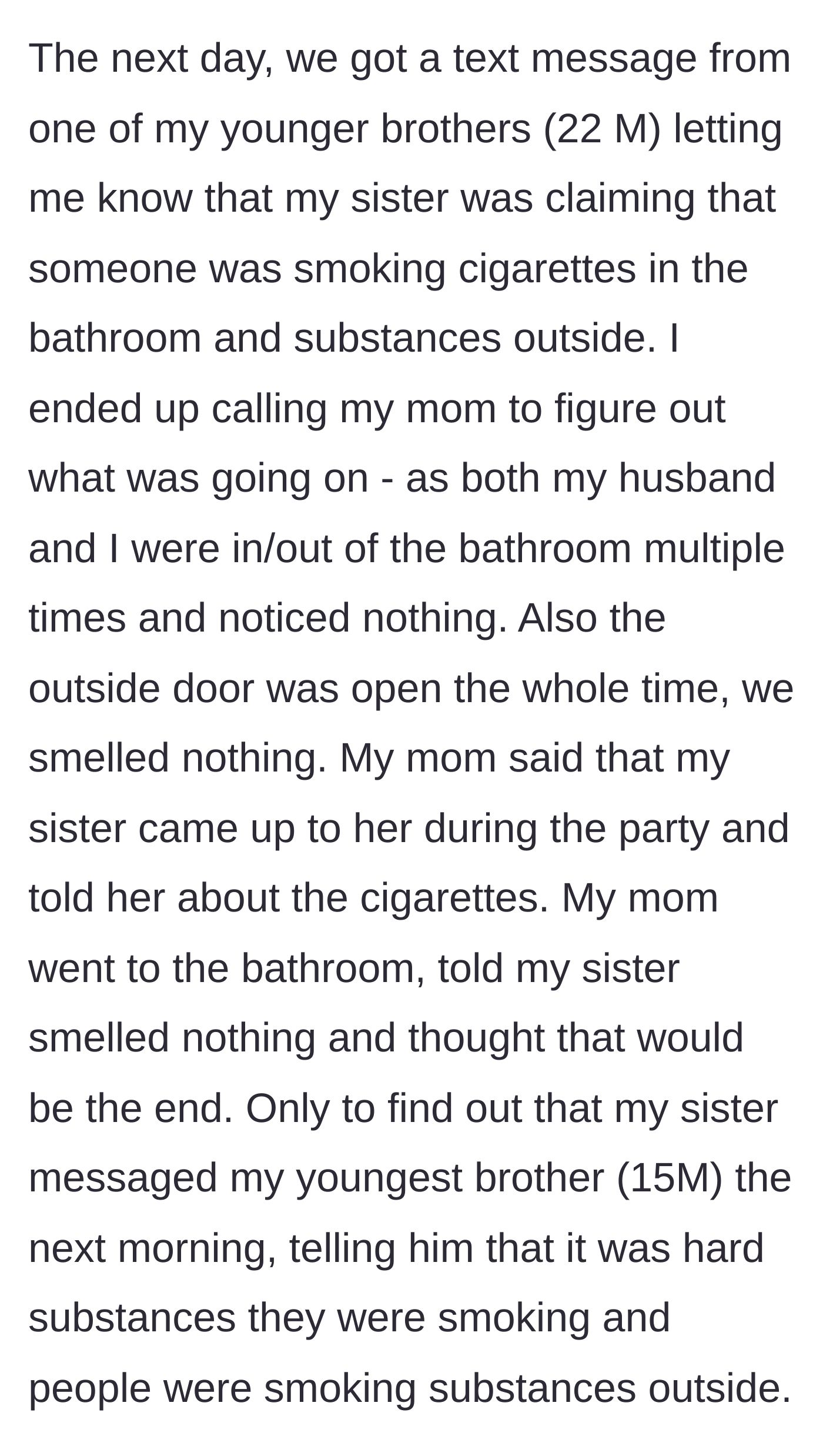 Story part 4 - A phone screen showing a text message spreading a wild rumor about people doing drugs in a bathroom.