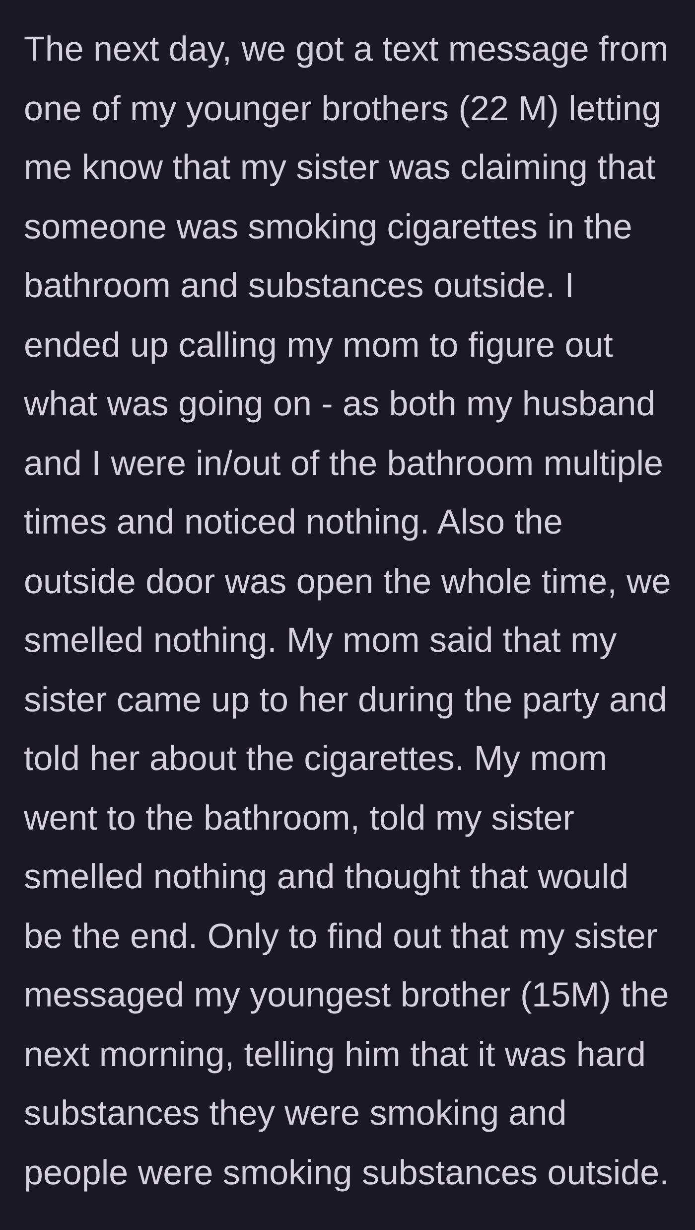 Story part 4 - A phone screen showing a text message spreading a wild rumor about people doing drugs in a bathroom.