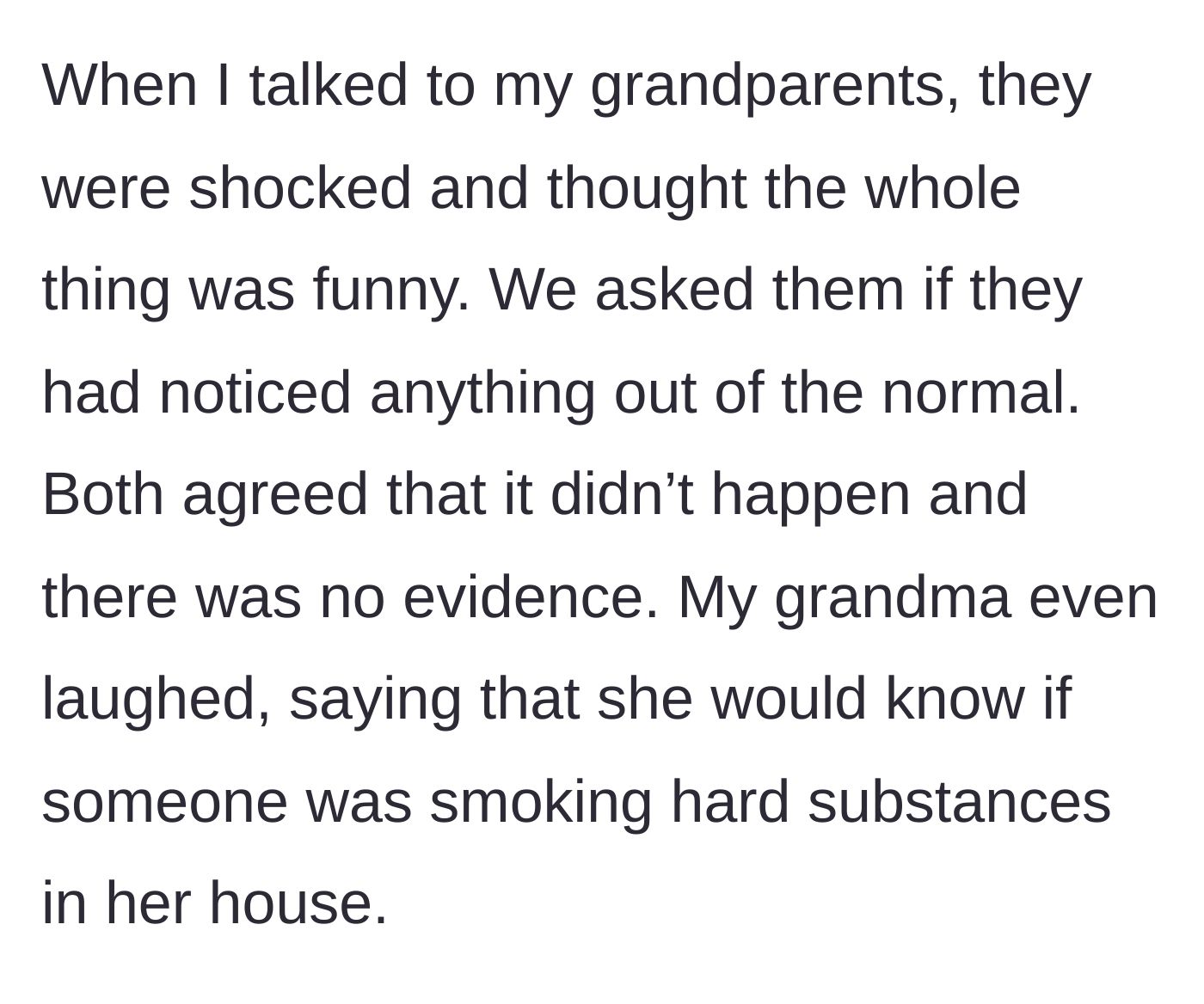 Story part 6 - Two elderly grandparents laughing heartily while drinking tea in their living room.