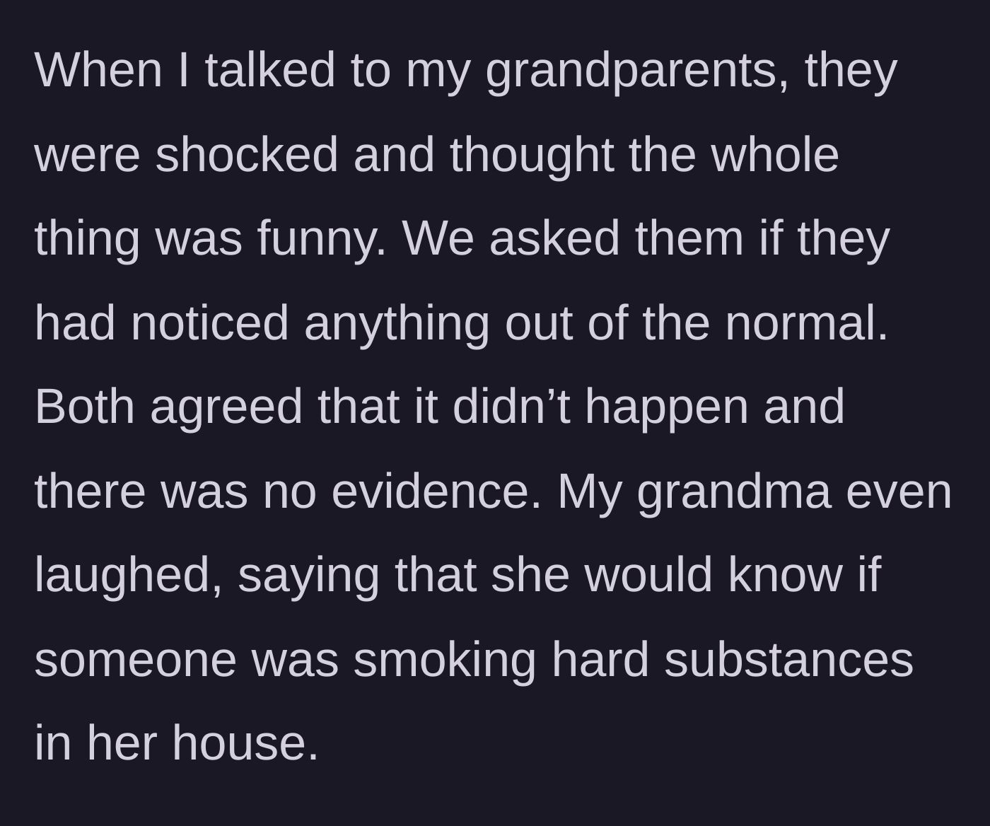 Story part 6 - Two elderly grandparents laughing heartily while drinking tea in their living room.