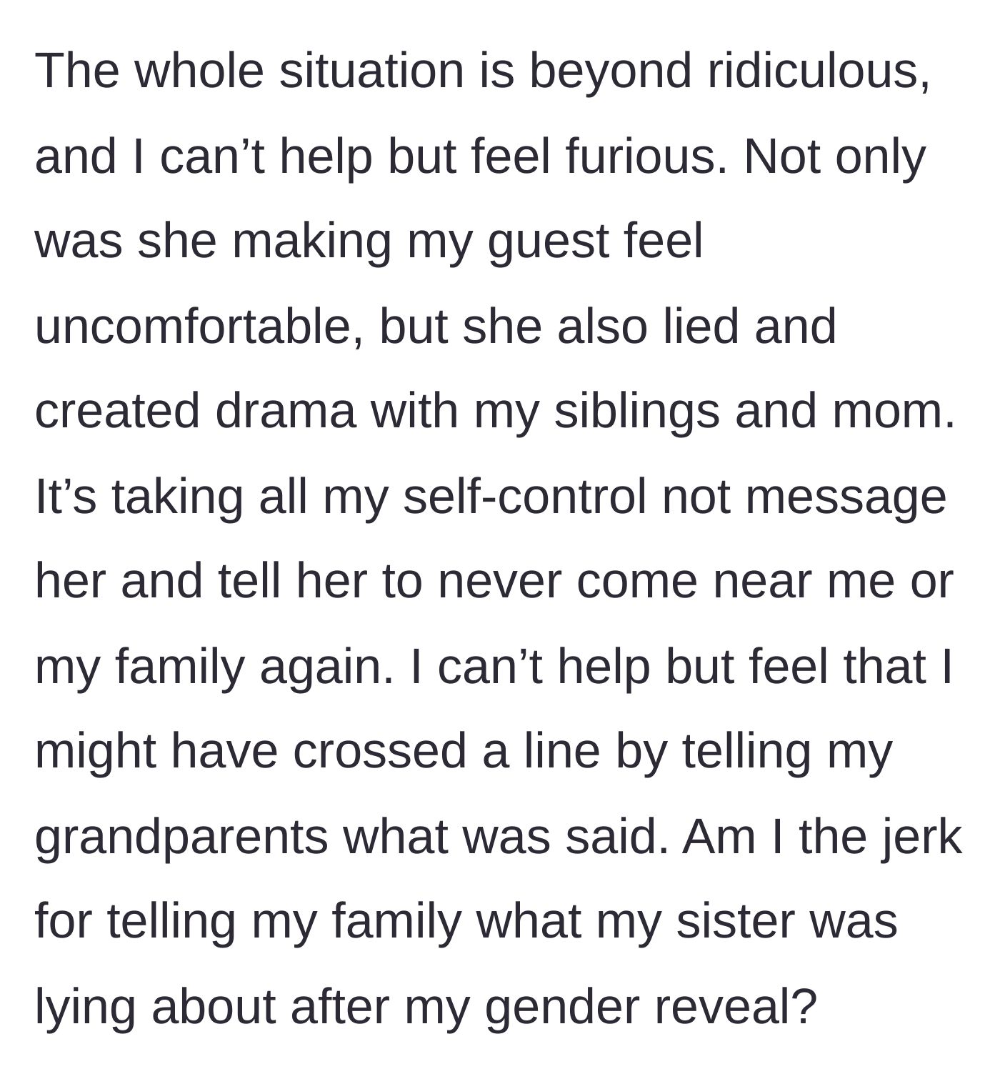 Story part 7 - A woman holding her head in her hands, questioning if she overreacted despite being totally justified.