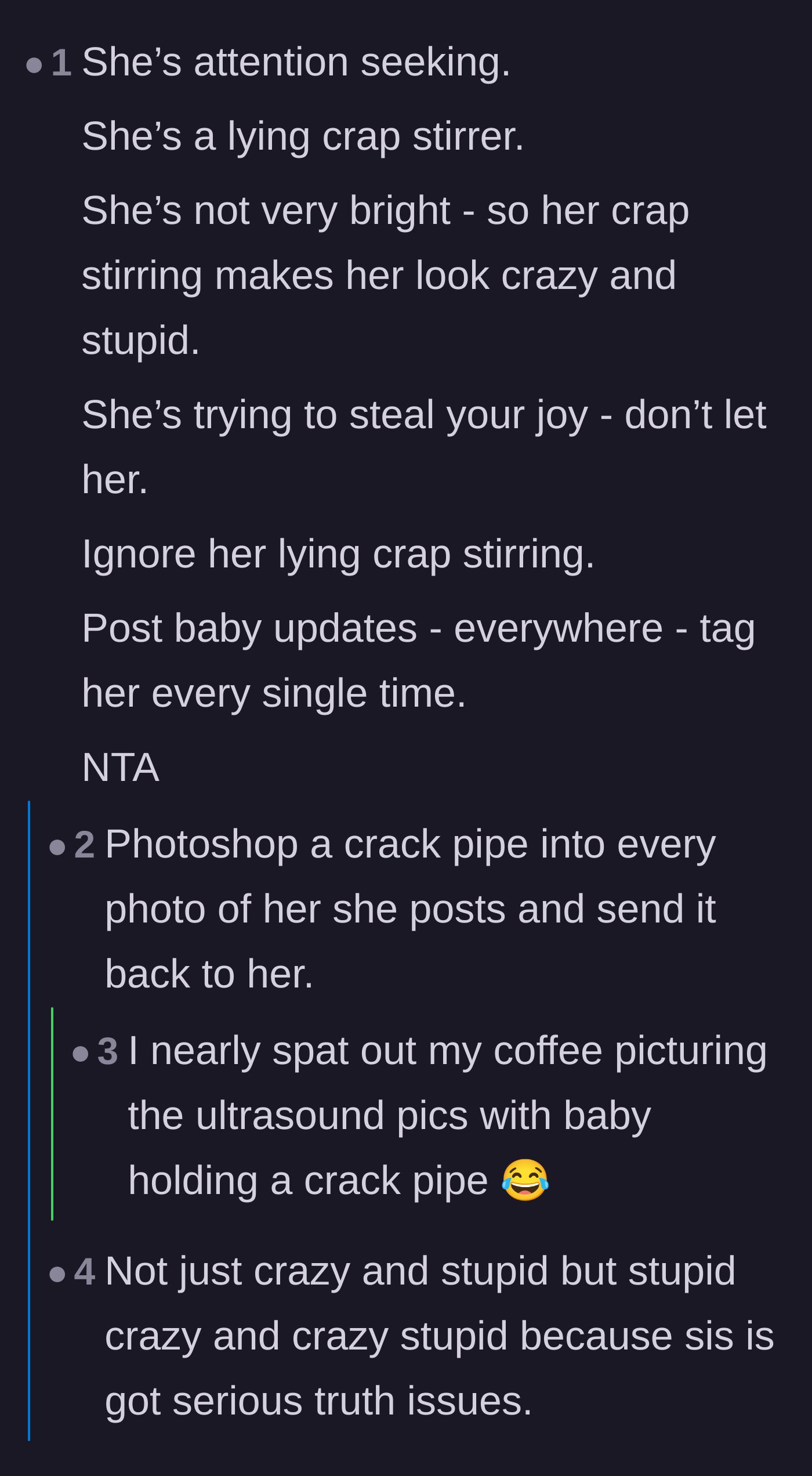 Comment thread 2 - A humorous breakdown of the sister's ridiculous behavior and a joke about photoshopping crack pipes.