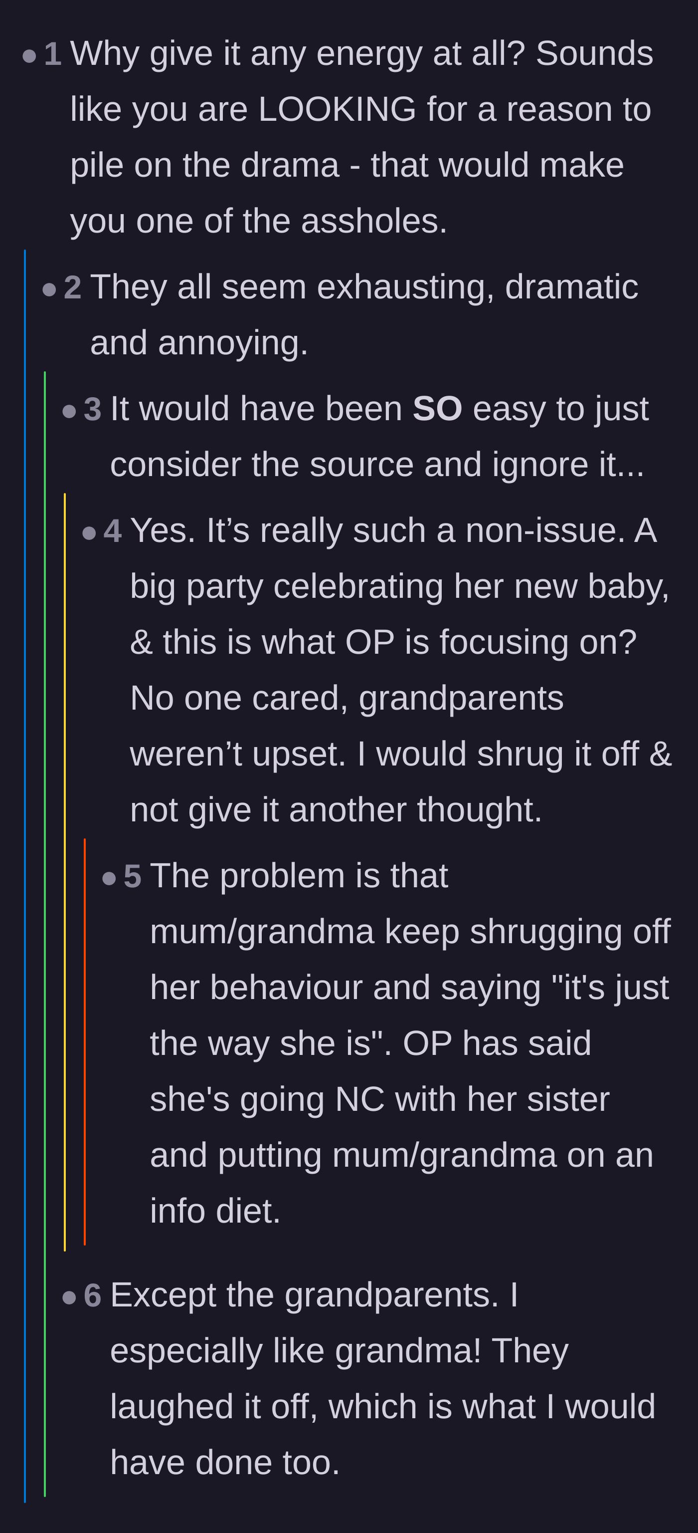 Comment thread 5 - A debate over whether the original poster is feeding into the drama by overreacting.