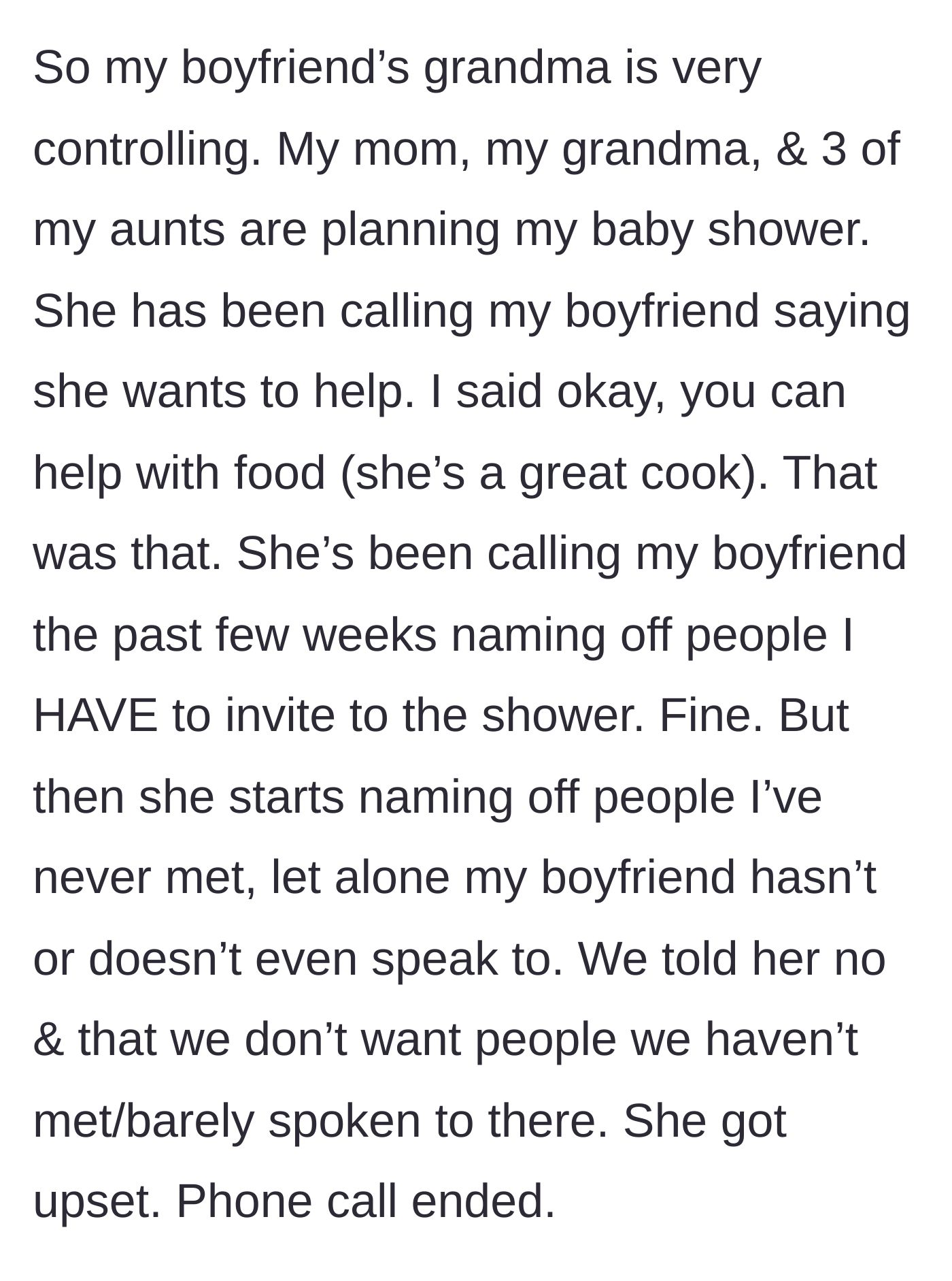 Story part 2 - The grandmother is assigned food duty but immediately begins demanding random guest invitations, leading to a swift refusal.