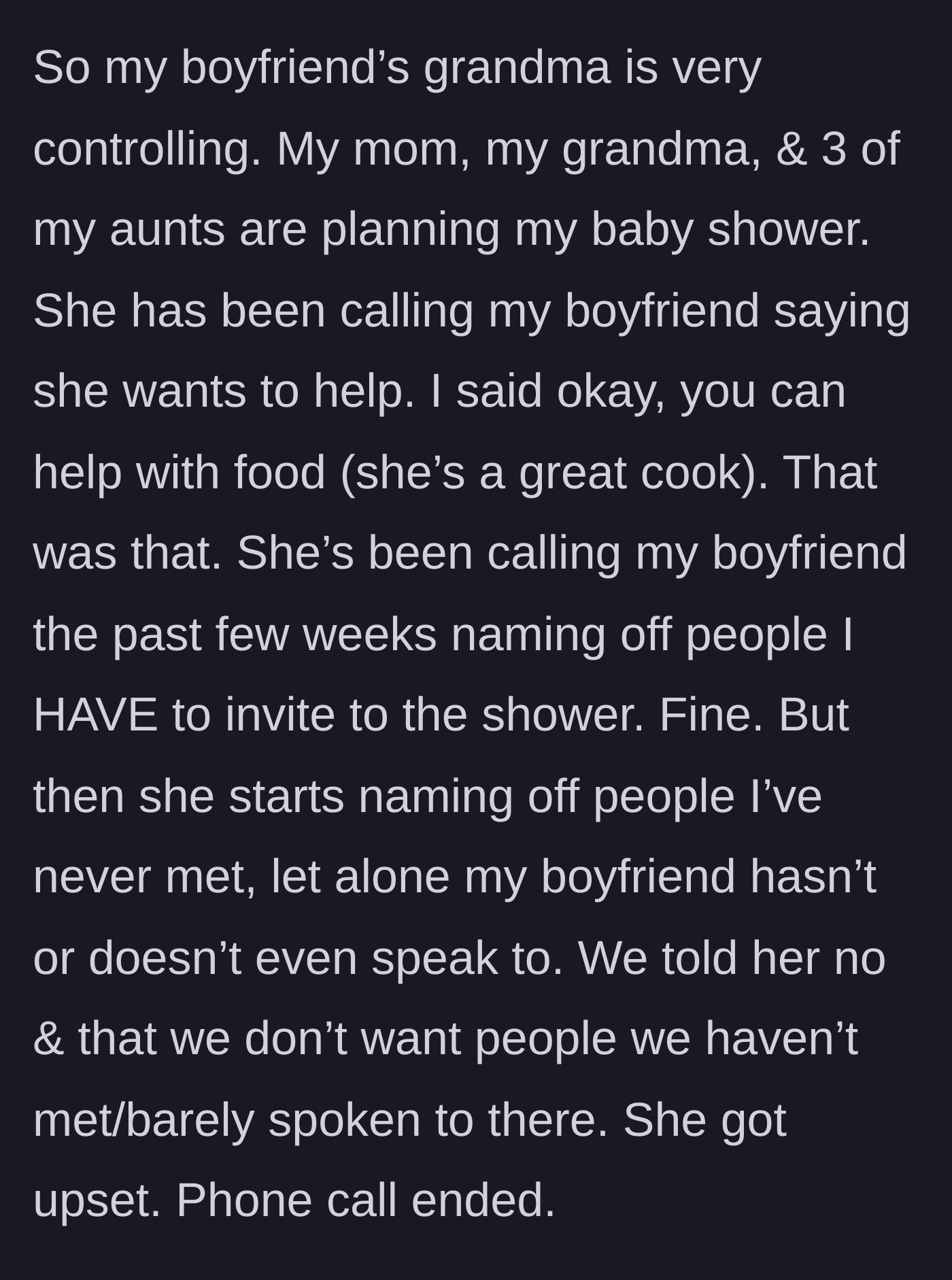 Story part 2 - The grandmother is assigned food duty but immediately begins demanding random guest invitations, leading to a swift refusal.