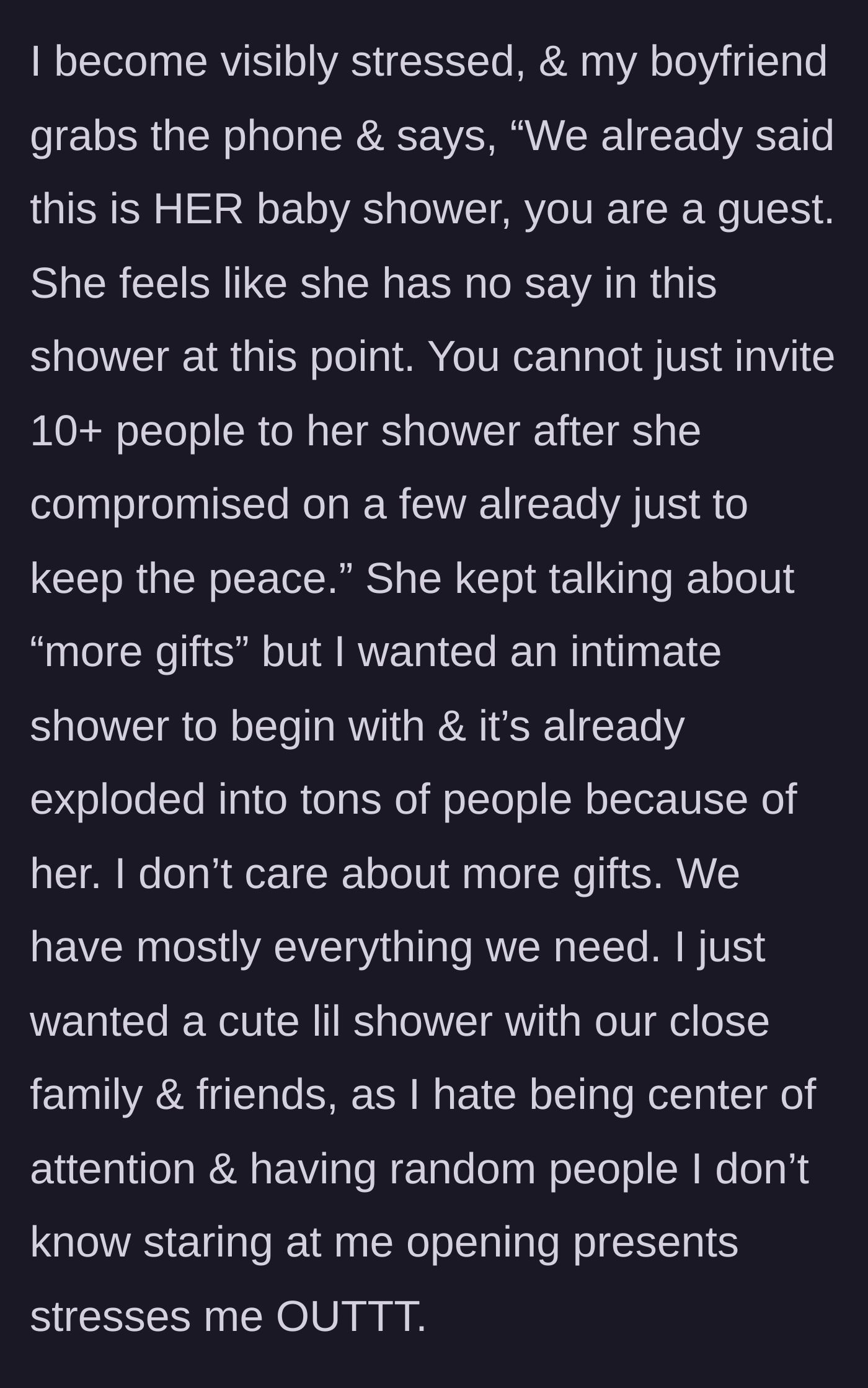 Story part 5 - The boyfriend intercepts the call, firmly reminding his grandmother that she is merely a guest, while the mother-to-be emphasizes her desire for an intimate gathering.