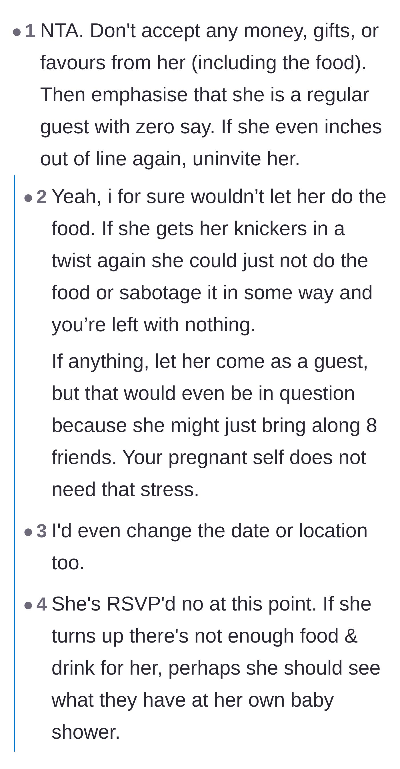 Comment thread 1 - Advice on refusing the grandmother's food to eliminate her leverage over the event.