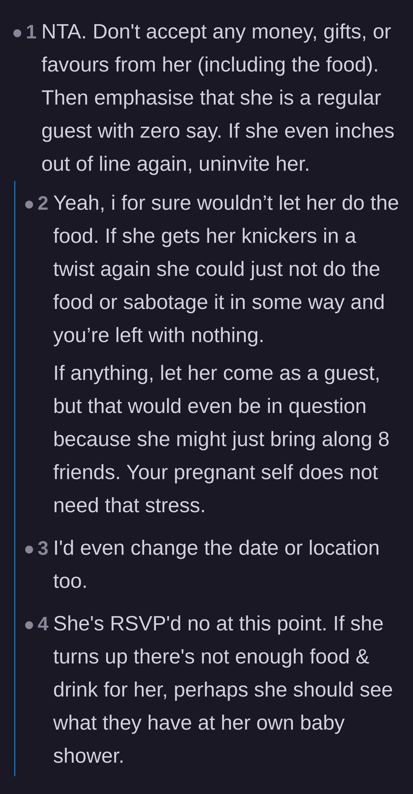Comment thread 1 - Advice on refusing the grandmother's food to eliminate her leverage over the event.