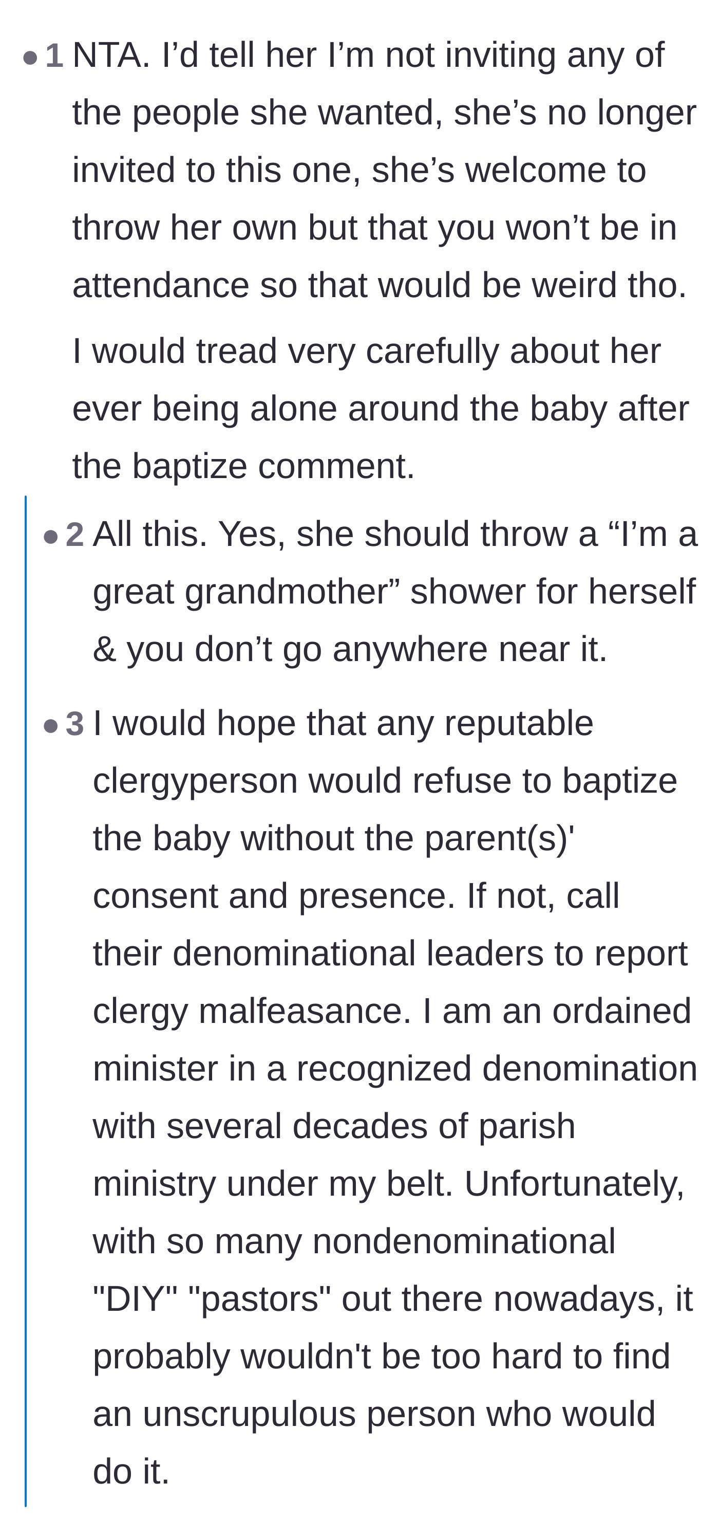 Comment thread 2 - Warnings about the severity of the grandmother's previous baptism threats and the necessity of strict boundaries.