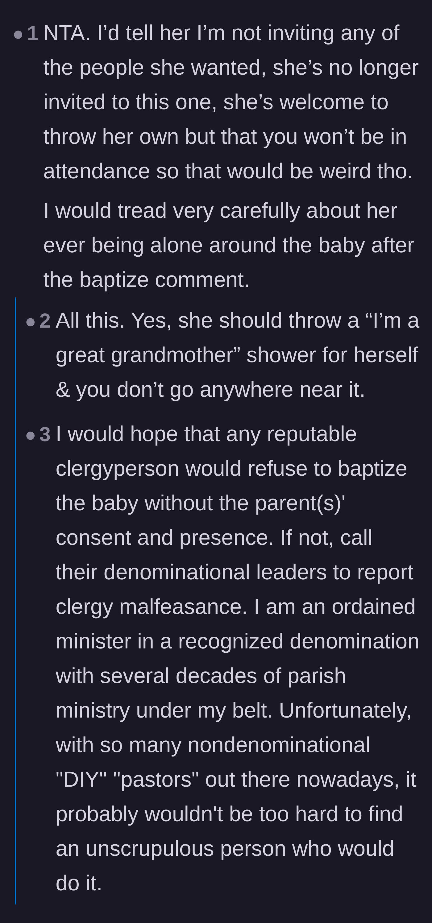 Comment thread 2 - Warnings about the severity of the grandmother's previous baptism threats and the necessity of strict boundaries.