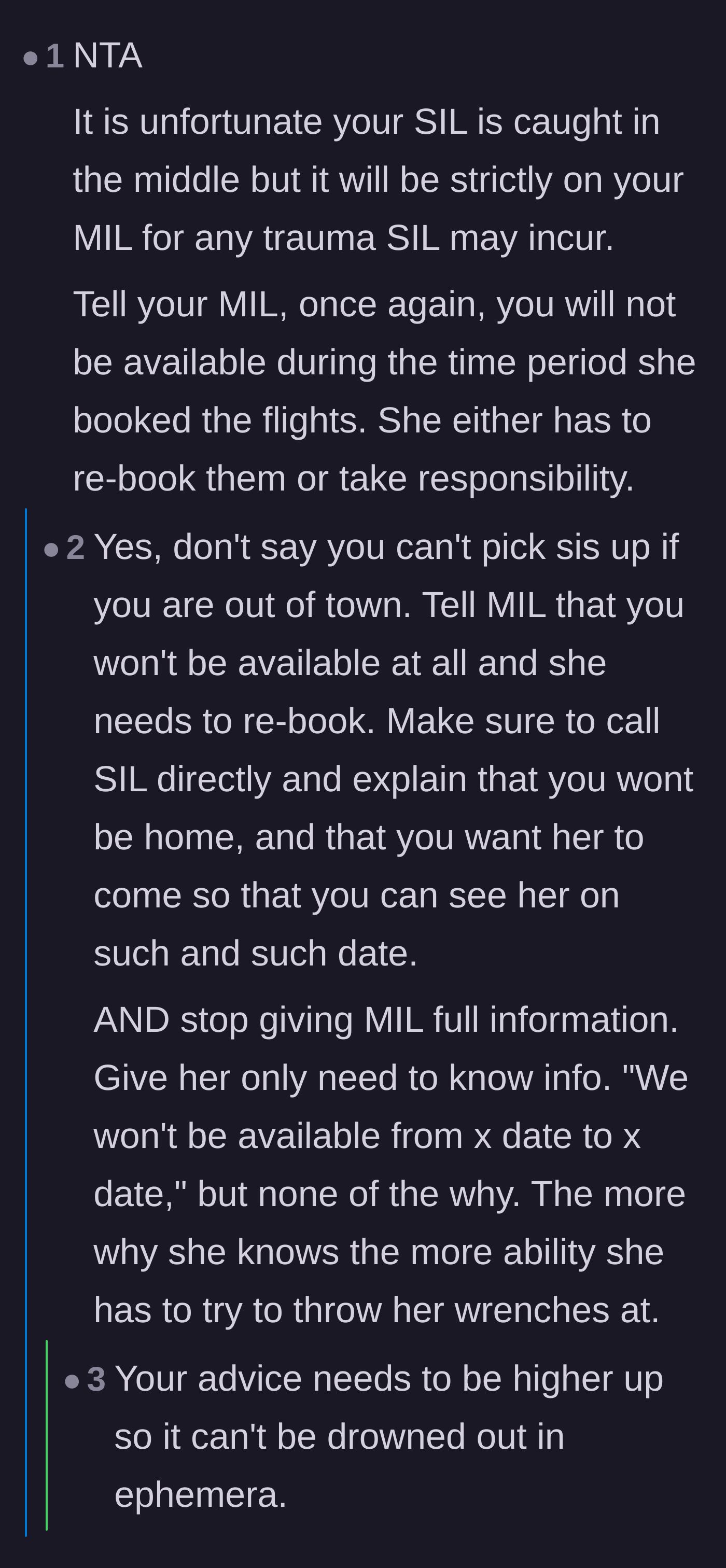 Comment thread 1 - Advice on putting the mother-in-law on an information diet so she has fewer details to sabotage.