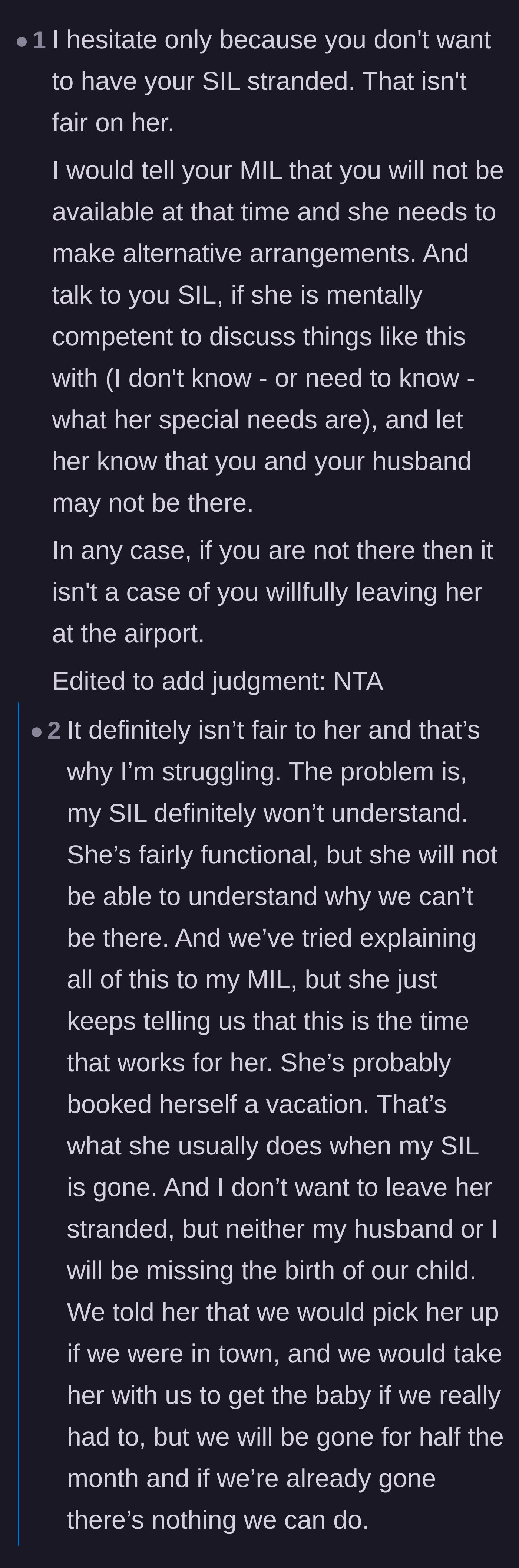 Comment thread 2 - Suggestions to contact Adult Protective Services and lawyers if the mother-in-law actually abandons the sister at the airport.