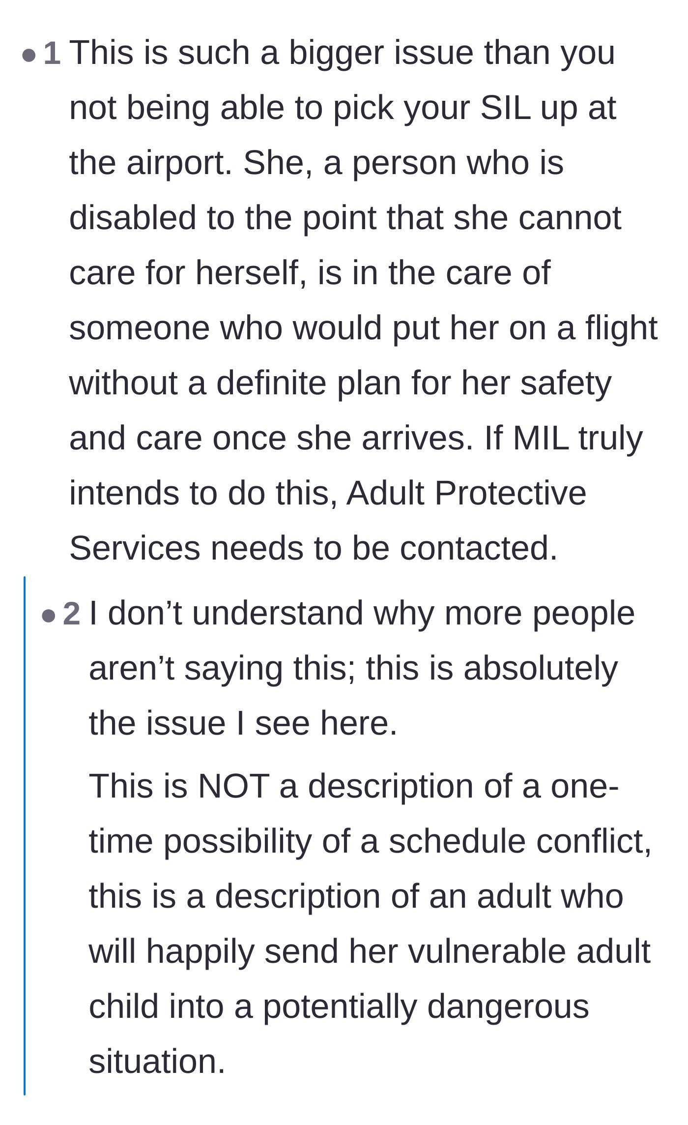 Comment thread 3 - Outrage over the mother-in-law recklessly endangering her vulnerable, disabled daughter just to take a vacation.
