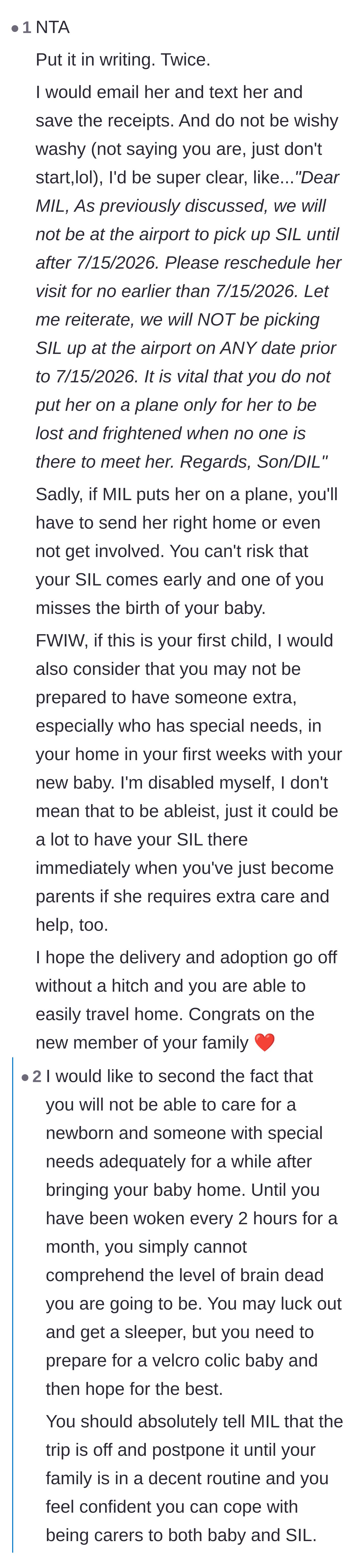 Comment thread 6 - Fellow parents and disabled commenters warning about the extreme exhaustion and impossibility of hosting during the newborn phase.