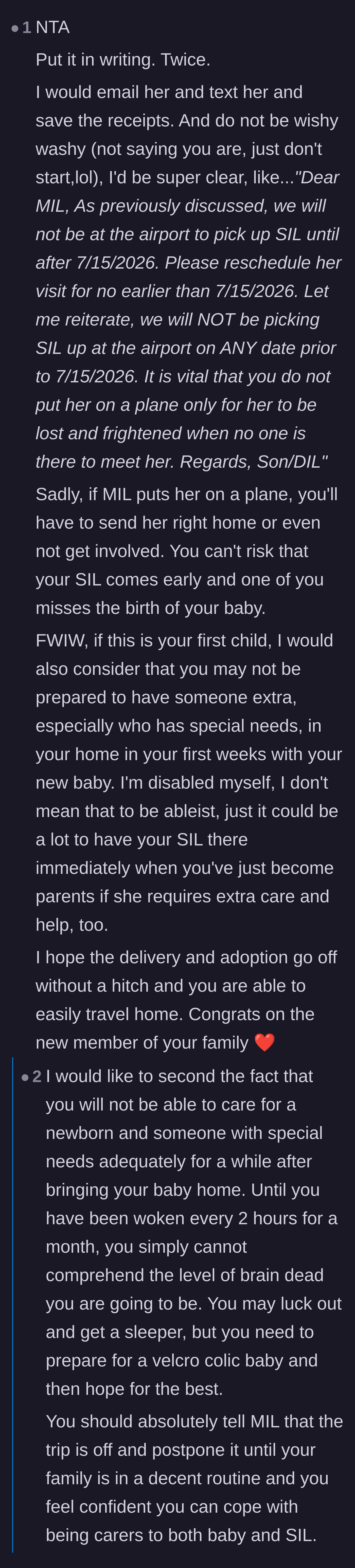 Comment thread 6 - Fellow parents and disabled commenters warning about the extreme exhaustion and impossibility of hosting during the newborn phase.