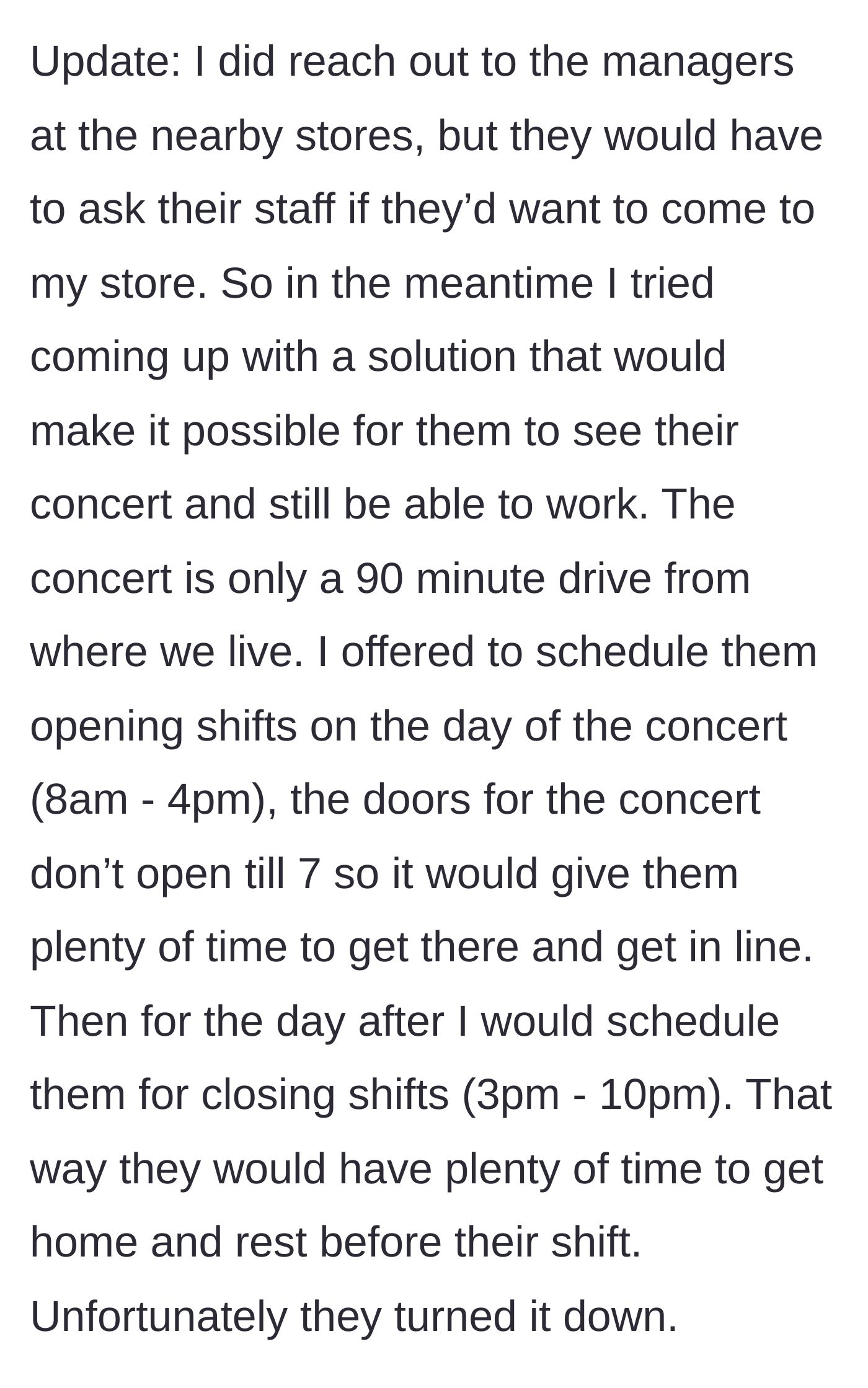 Story part 5 - The manager sliding a perfectly reasonable, newly written schedule across a desk to two ungrateful workers.