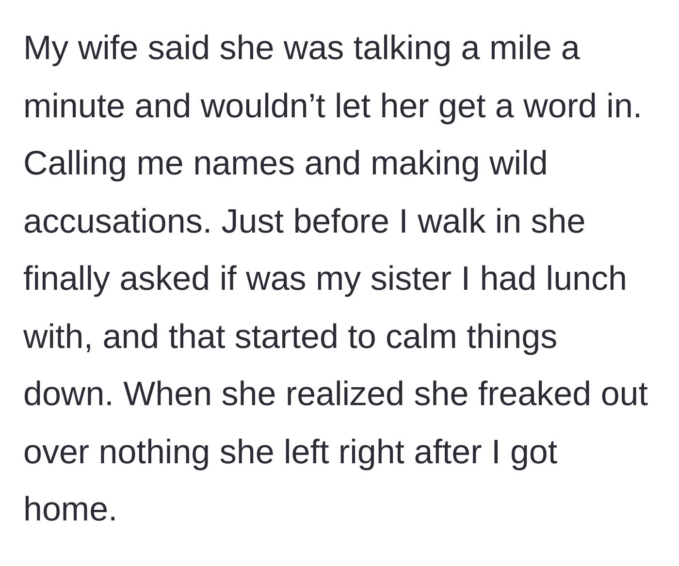 Story part 5 - Karen realizing the supposed 'mistress' was actually his sister and awkwardly fleeing the scene.