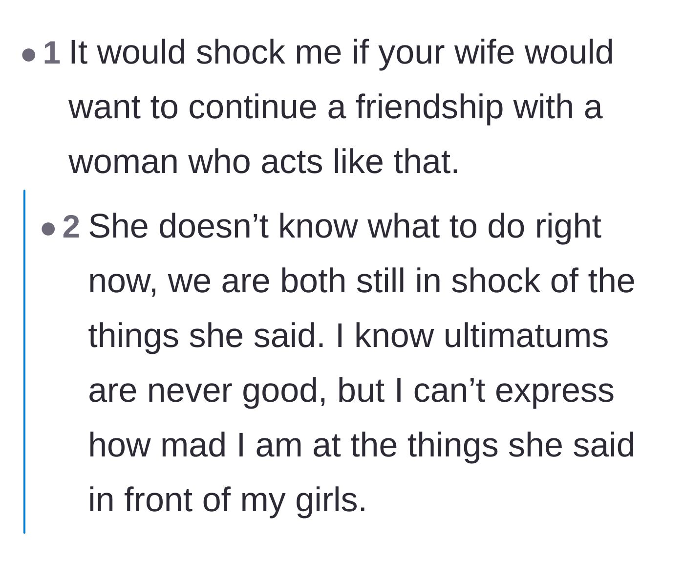 Comment thread 1 - Readers debating the difference between controlling ultimatums and healthy family boundaries.