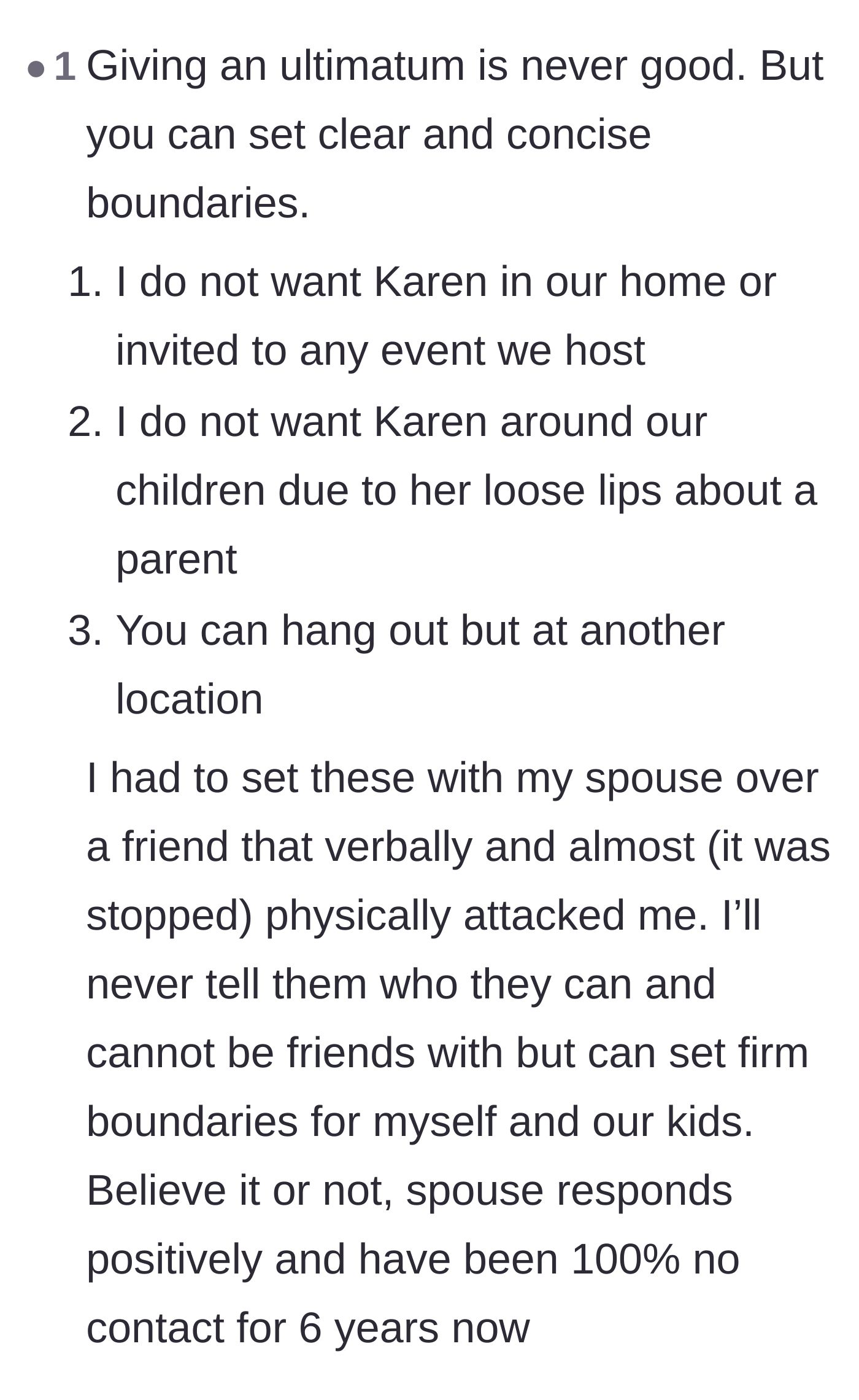 Comment thread 4 - A user sharing a success story of how strict boundaries eventually led their spouse to naturally drop a toxic friend.