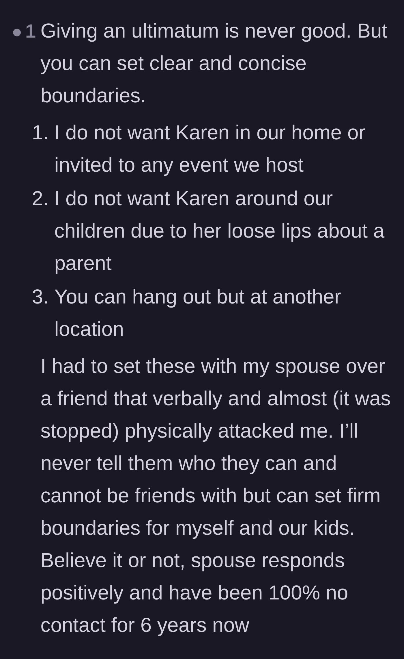 Comment thread 4 - A user sharing a success story of how strict boundaries eventually led their spouse to naturally drop a toxic friend.