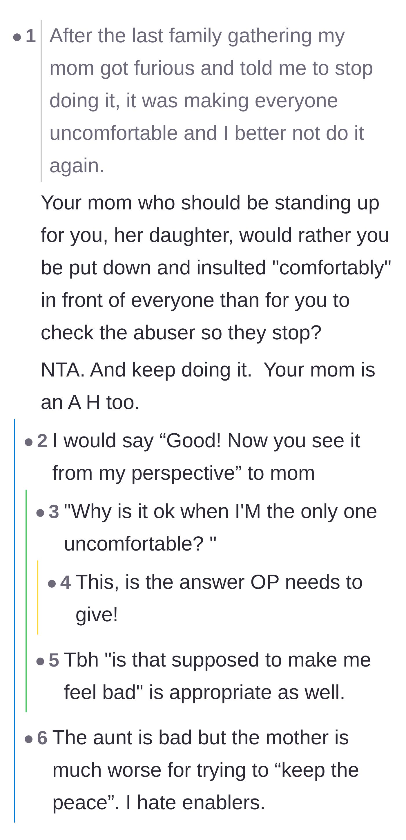 Comment thread 1 - Readers calling out the mother's enabling behavior