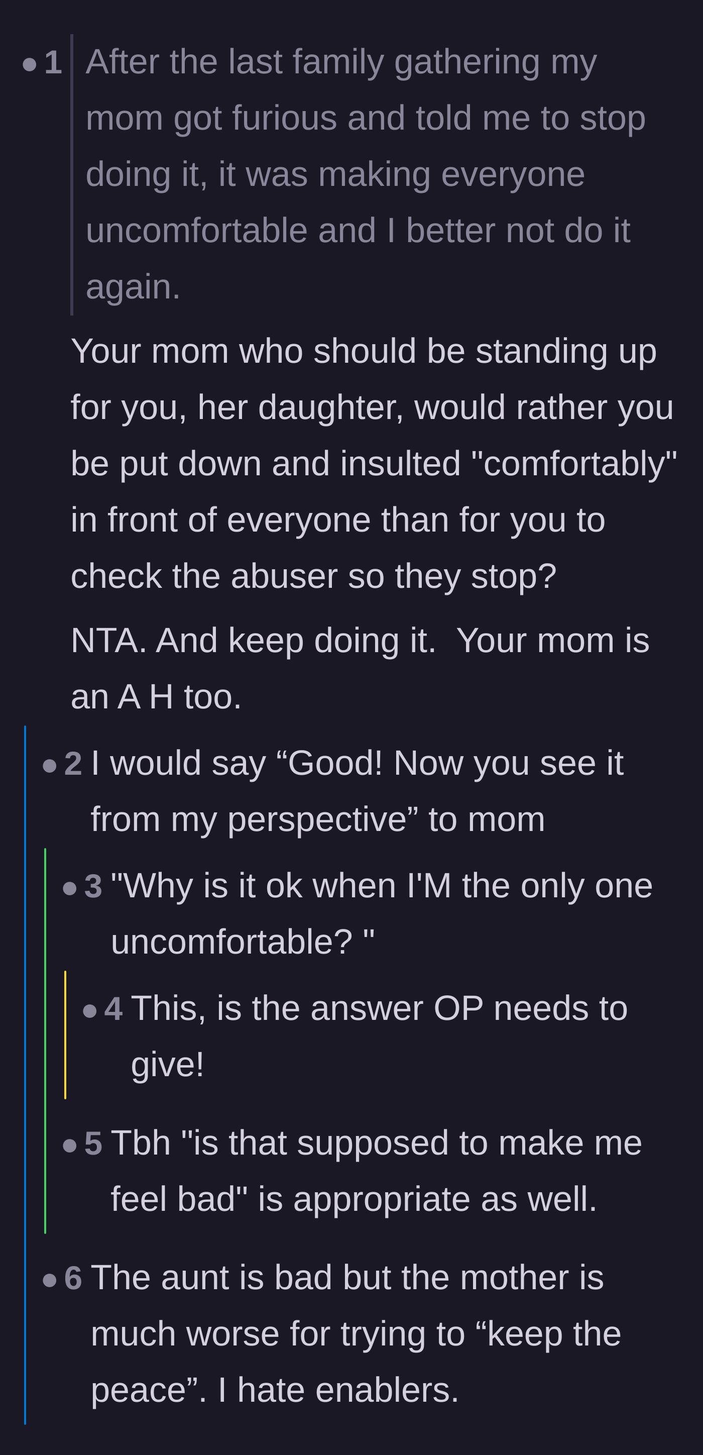 Comment thread 1 - Readers calling out the mother's enabling behavior