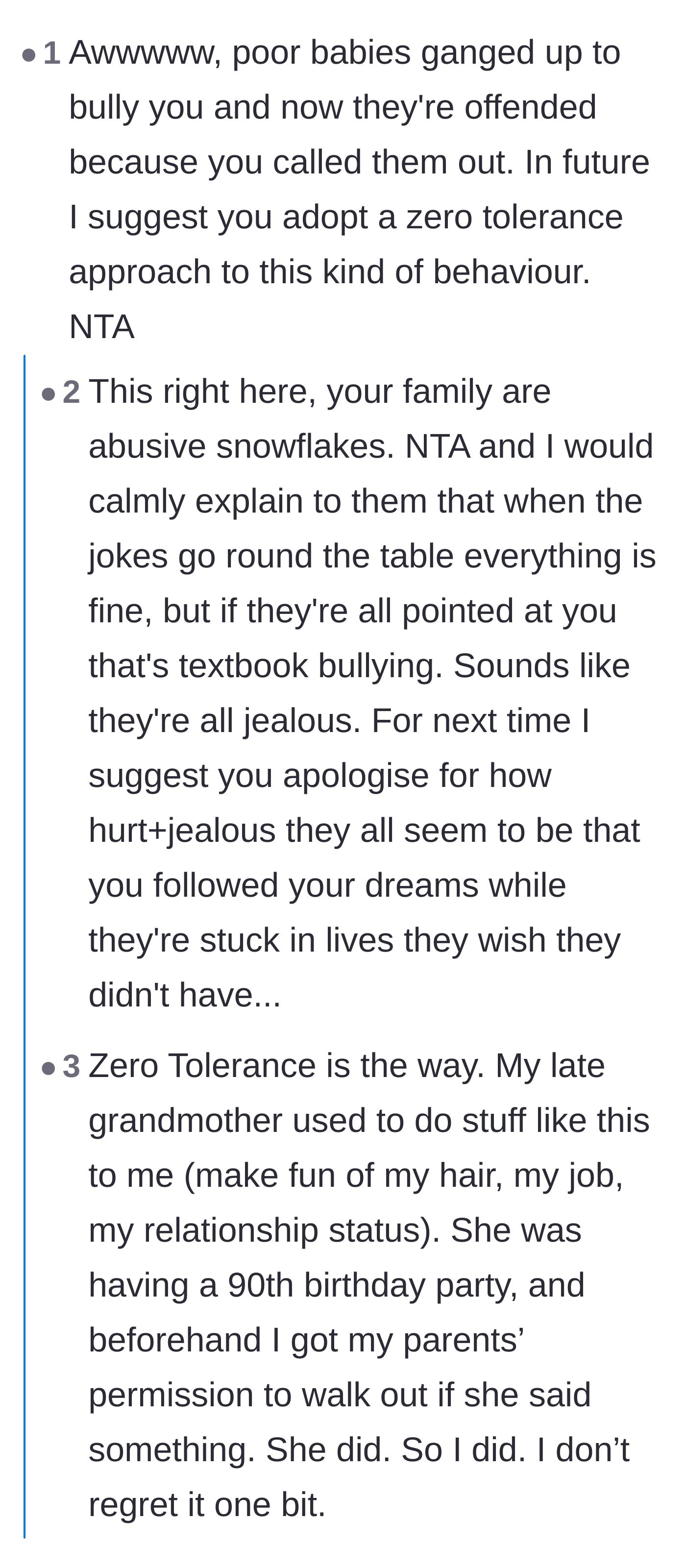 Comment thread 1 - Advocating for a zero-tolerance policy against family bullies