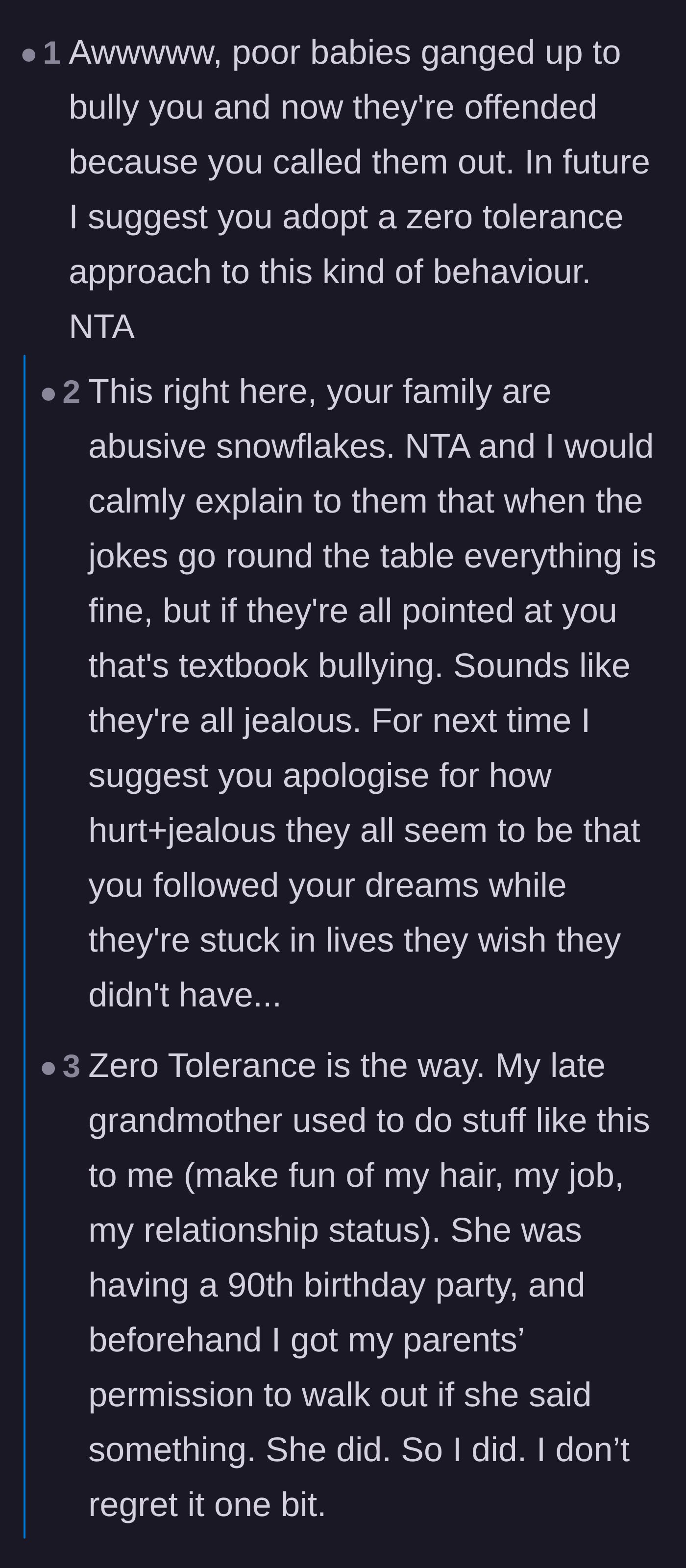 Comment thread 1 - Advocating for a zero-tolerance policy against family bullies