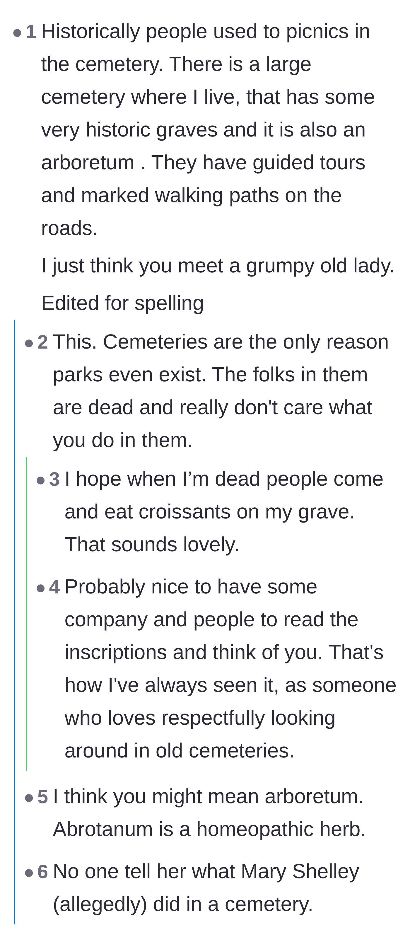 Comment thread 1 - A discussion about how cemeteries used to be popular spots for picnics and how they were the precursors to modern public parks.