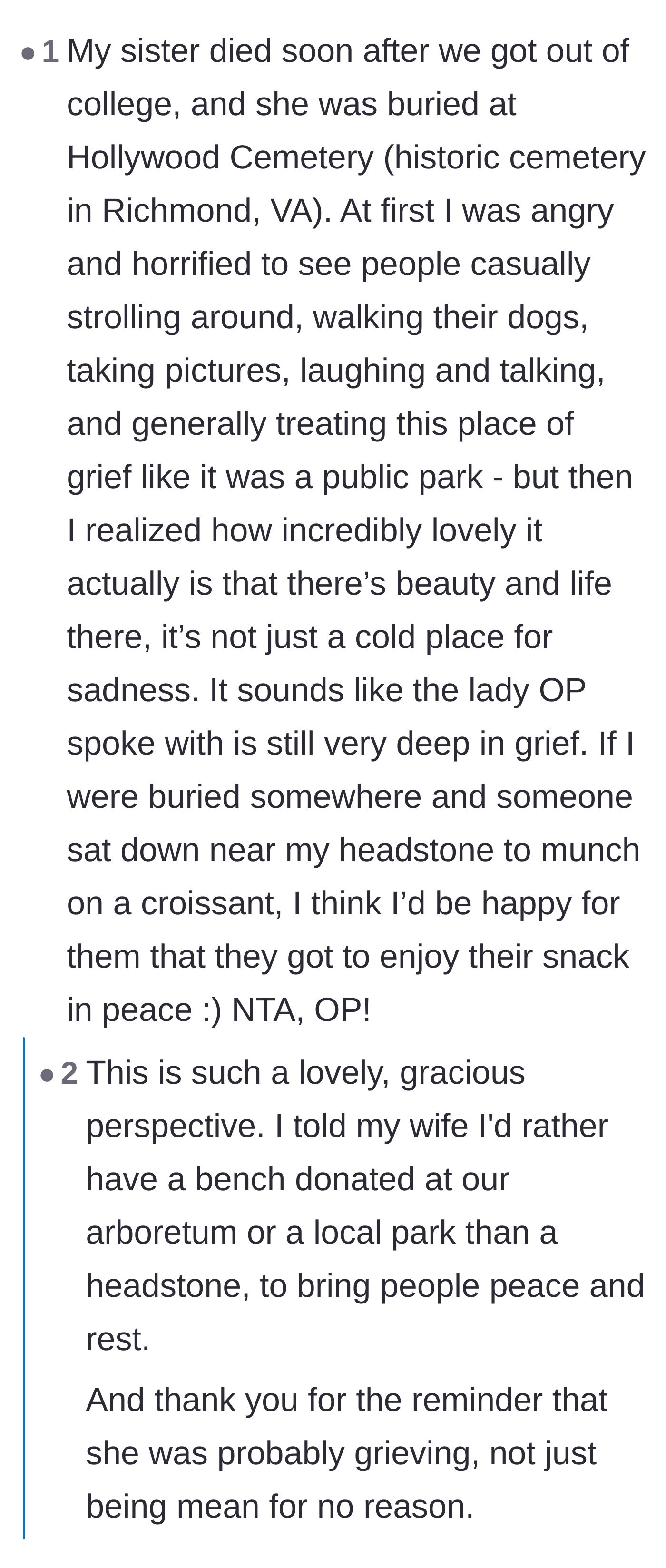 Comment thread 2 - A heartfelt perspective from someone whose sister is buried in a historic cemetery, expressing comfort that people use it as a peaceful park.
